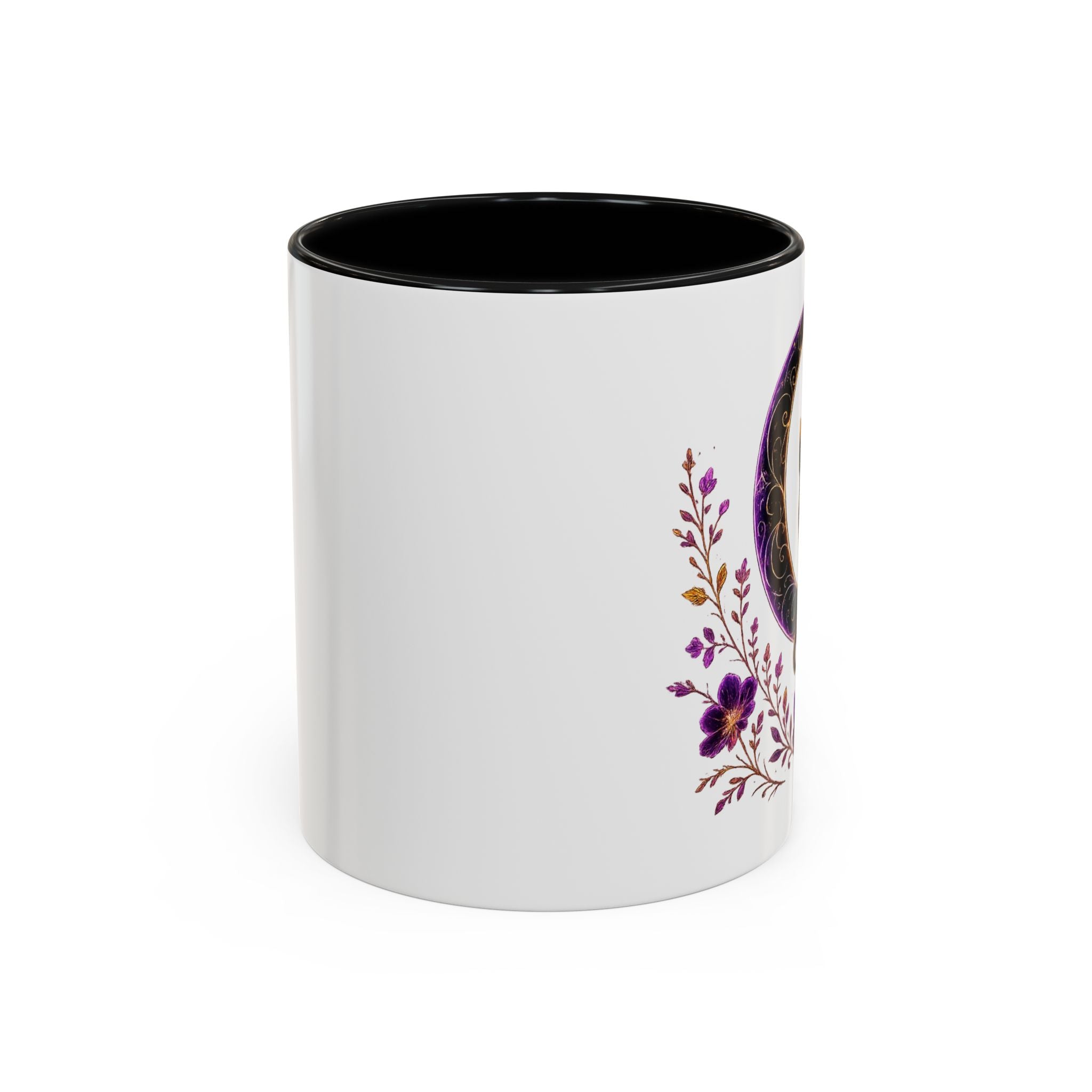 Mystic Black Cat Crescent Moon Accent Mug — Purple Floral Coffee Cup (11/15oz)