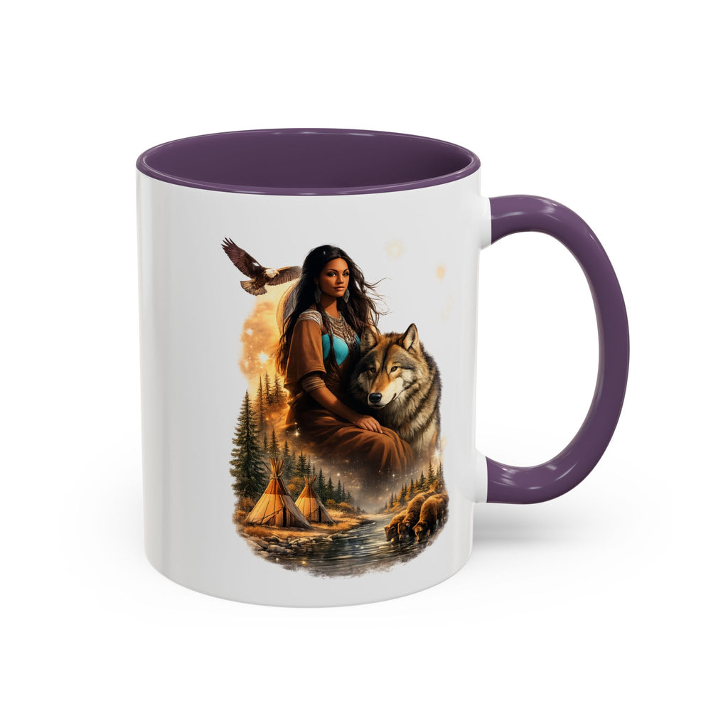 Native Spirit Accent Coffee Mug — Woman, Wolf & Teepee Scenic Artwork (11/15oz)