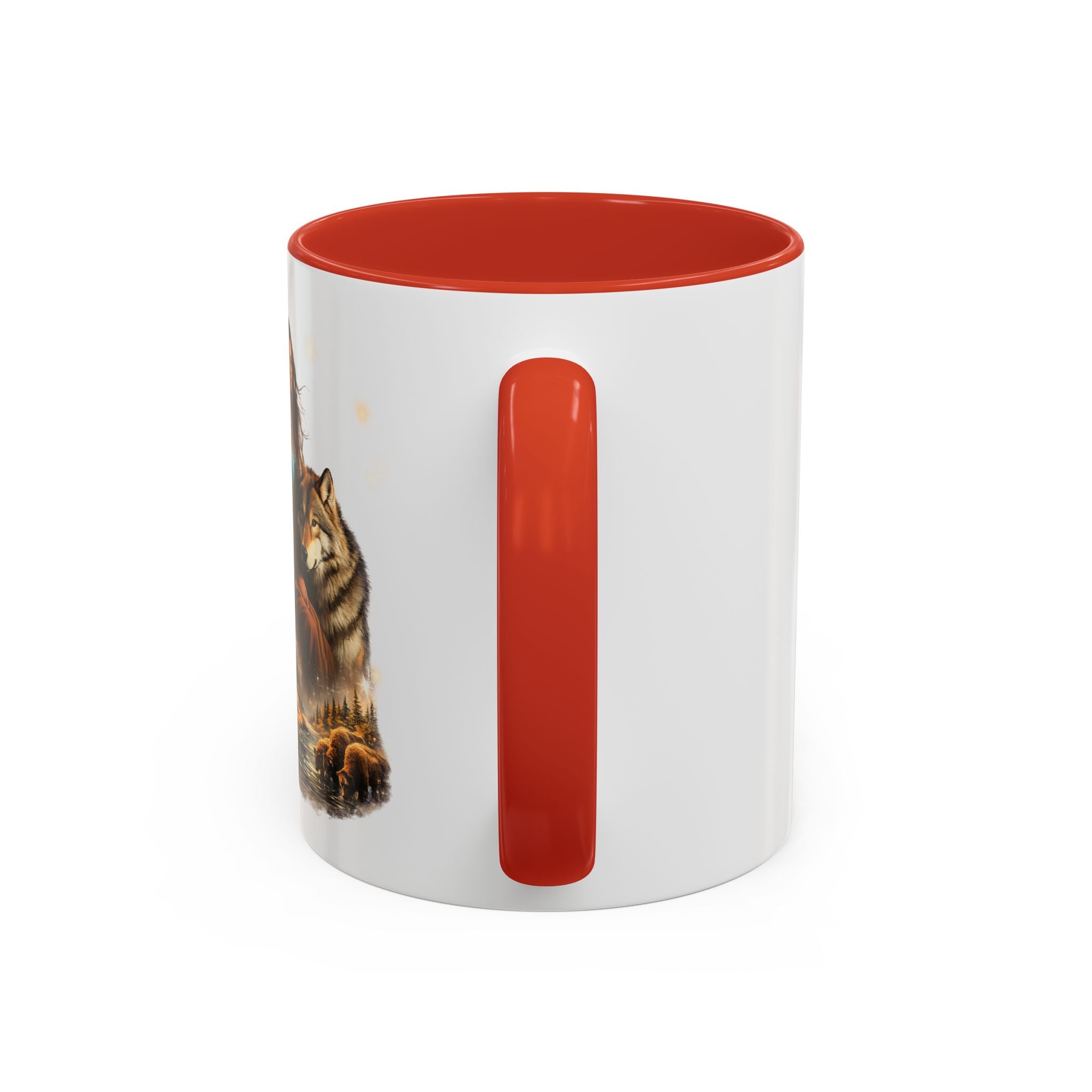 Native Spirit Accent Coffee Mug — Woman, Wolf & Teepee Scenic Artwork (11/15oz)
