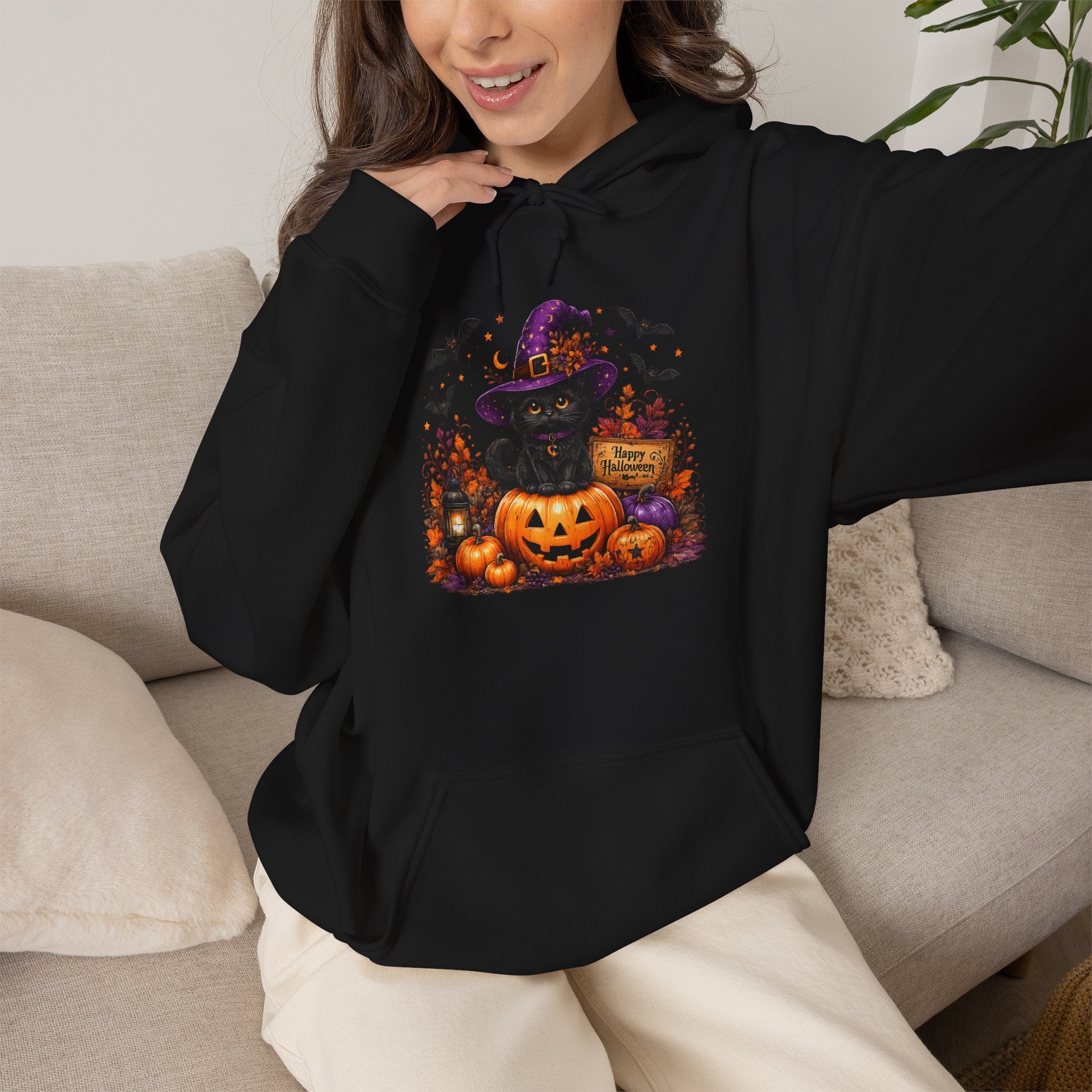 Halloween Cat & Jack-O’-Lantern Hoodie — Witch Hat Black Cat Pumpkin Design