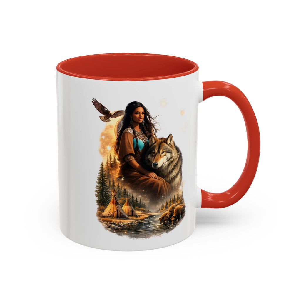 Native Spirit Accent Coffee Mug — Woman, Wolf & Teepee Scenic Artwork (11/15oz)