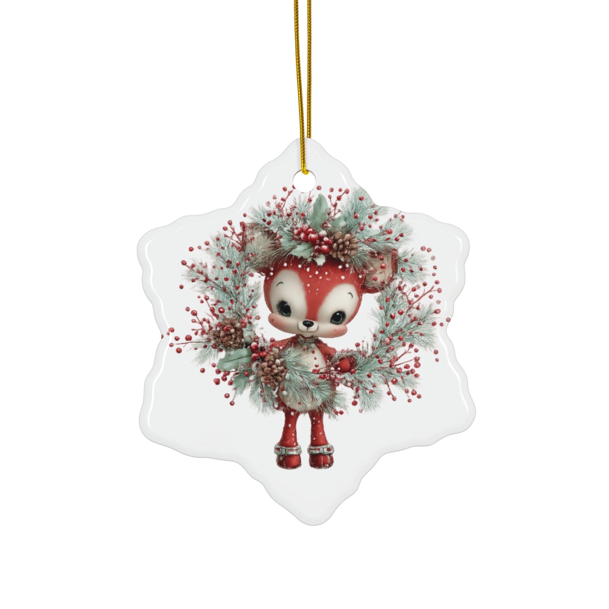 Cute Red Fox Wreath Ceramic Ornament — Holiday Christmas Tree Decoration