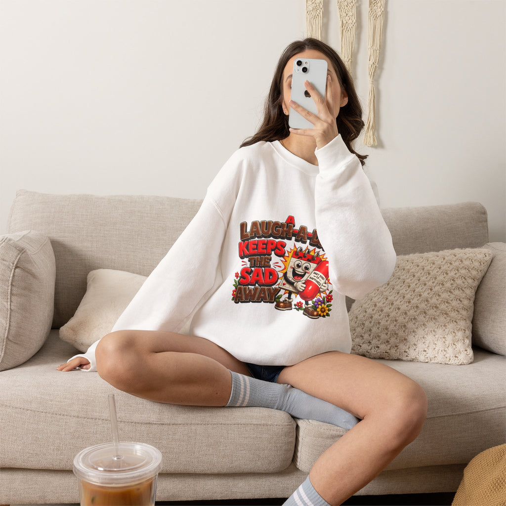 Crewneck Sweatshirt — "A Laugh a Day Keeps the Sad Away" Retro Cartoon Graphic