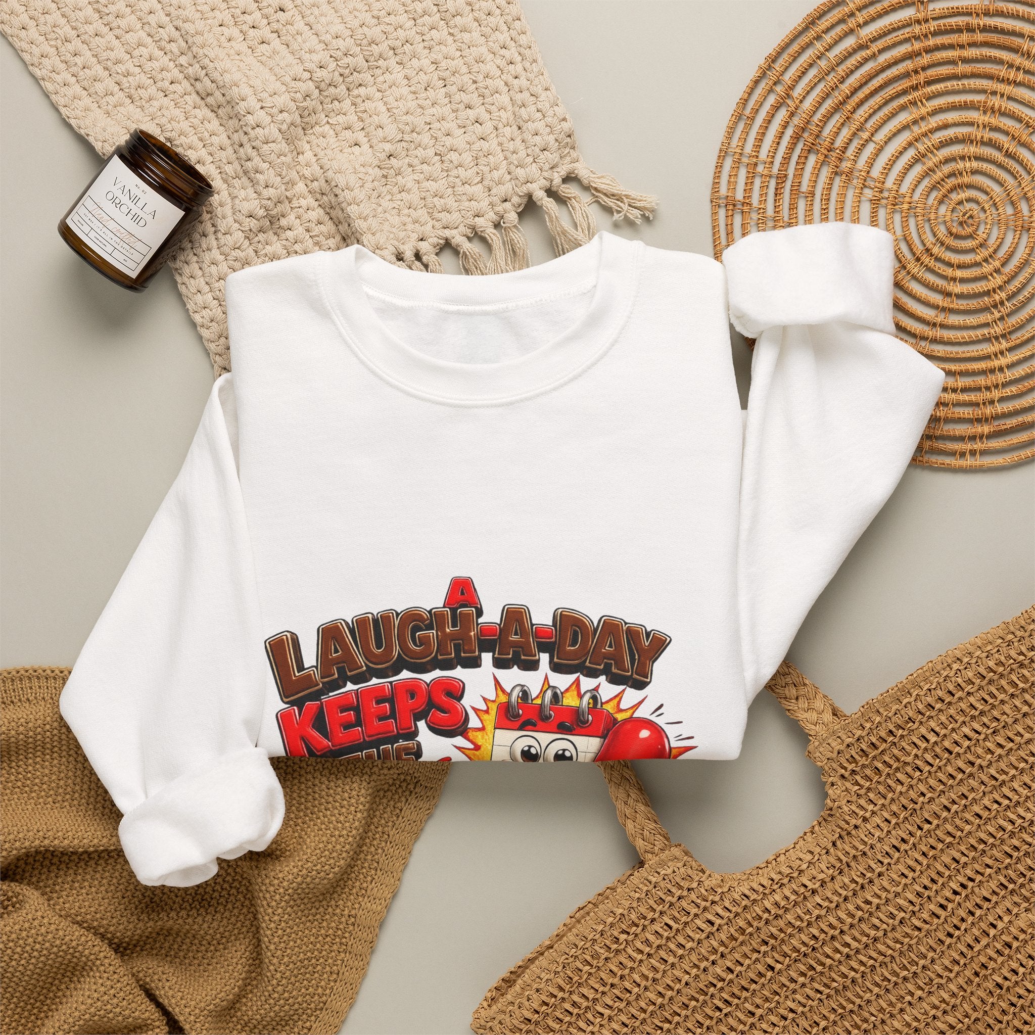 Crewneck Sweatshirt — "A Laugh a Day Keeps the Sad Away" Retro Cartoon Graphic