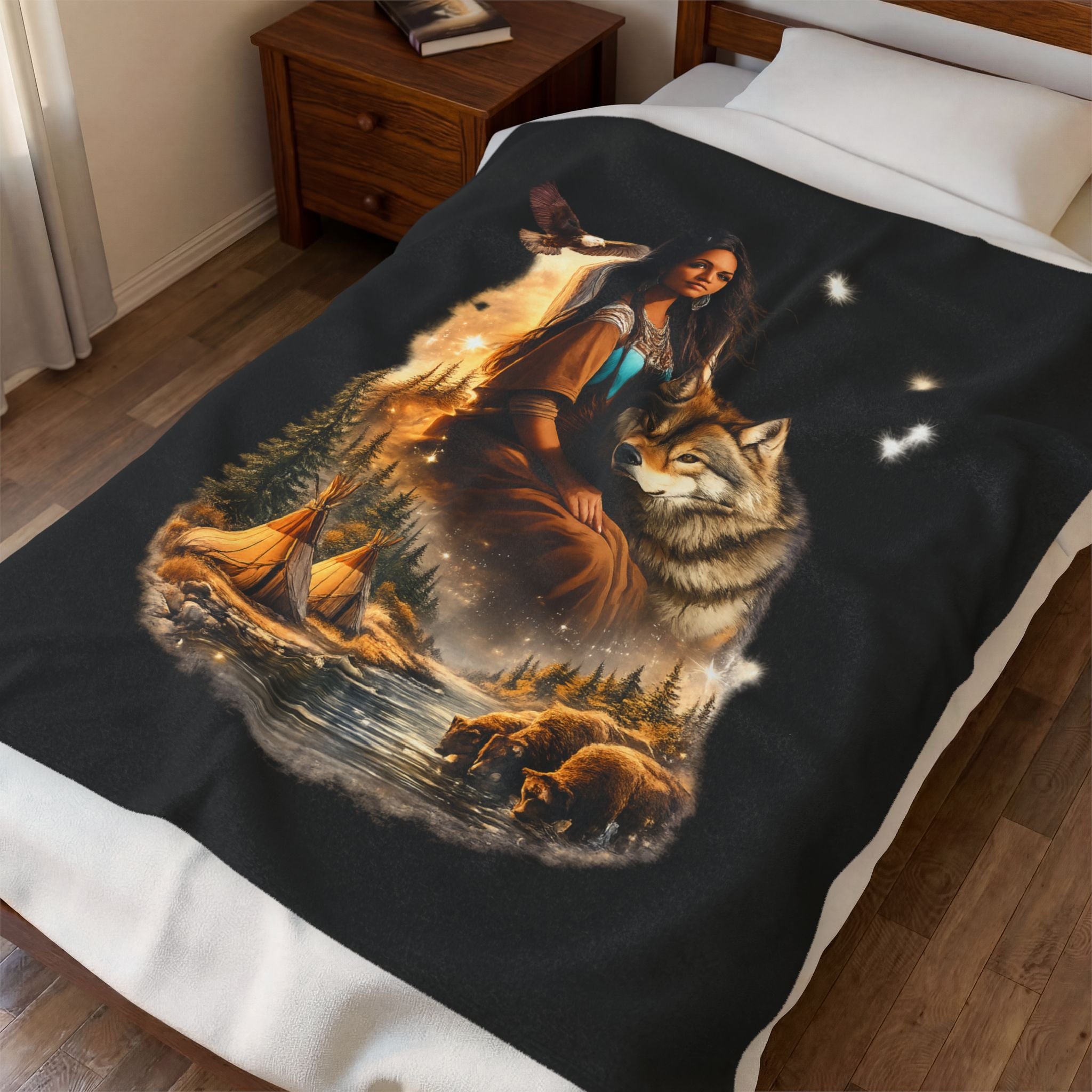Native Spirit Velveteen Plush Blanket — Woman with Wolf & Campfire Scenic Throw