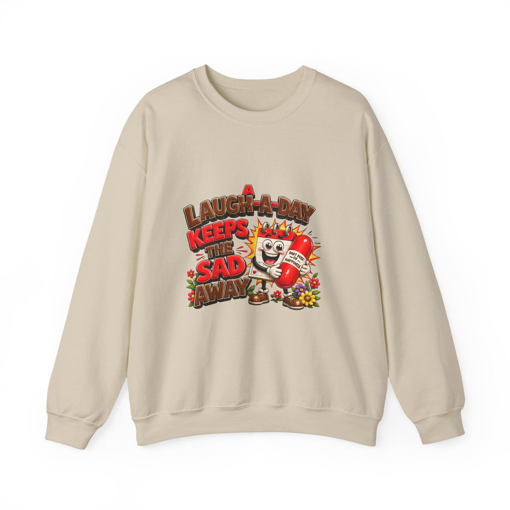 Crewneck Sweatshirt — "A Laugh a Day Keeps the Sad Away" Retro Cartoon Graphic