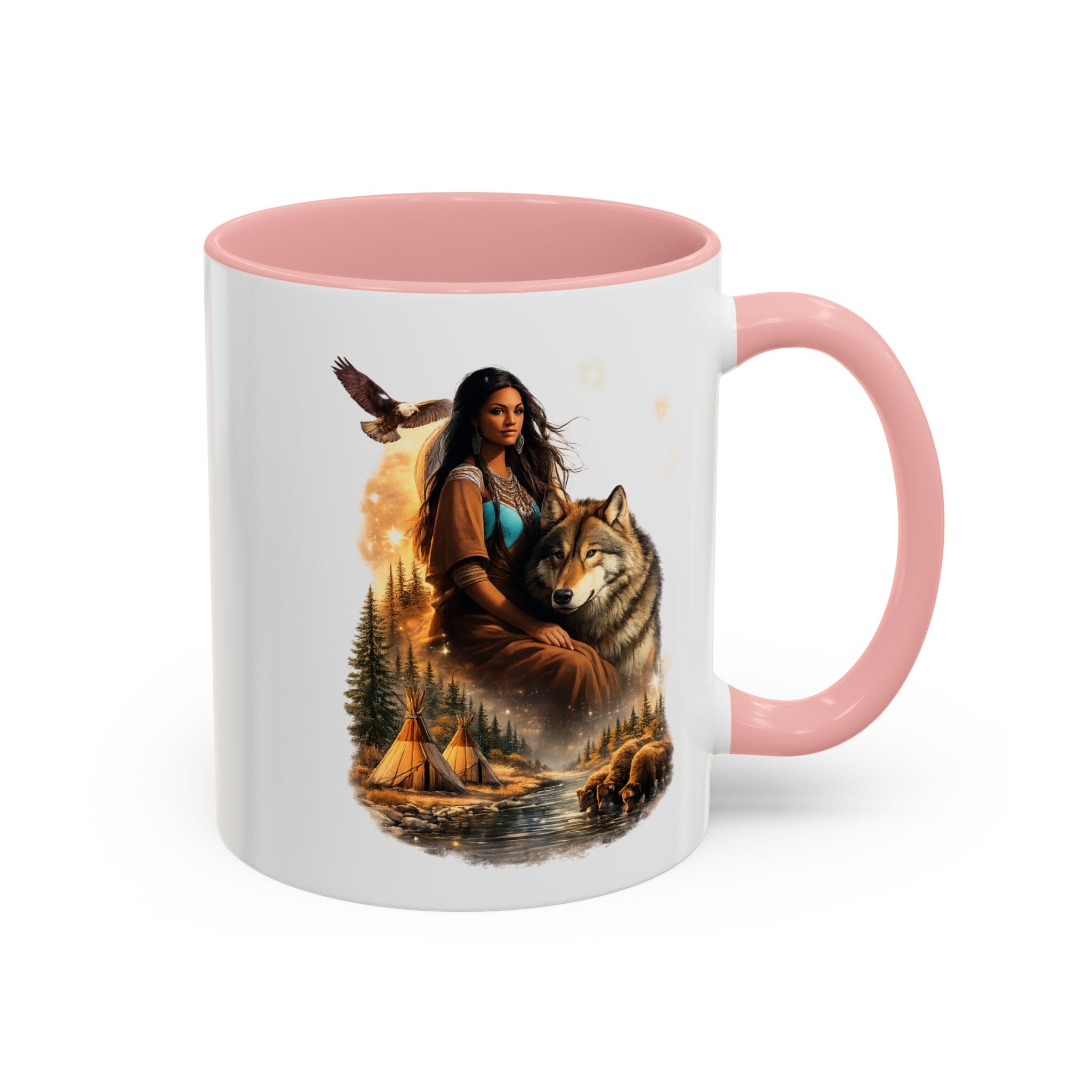 Native Spirit Accent Coffee Mug — Woman, Wolf & Teepee Scenic Artwork (11/15oz)