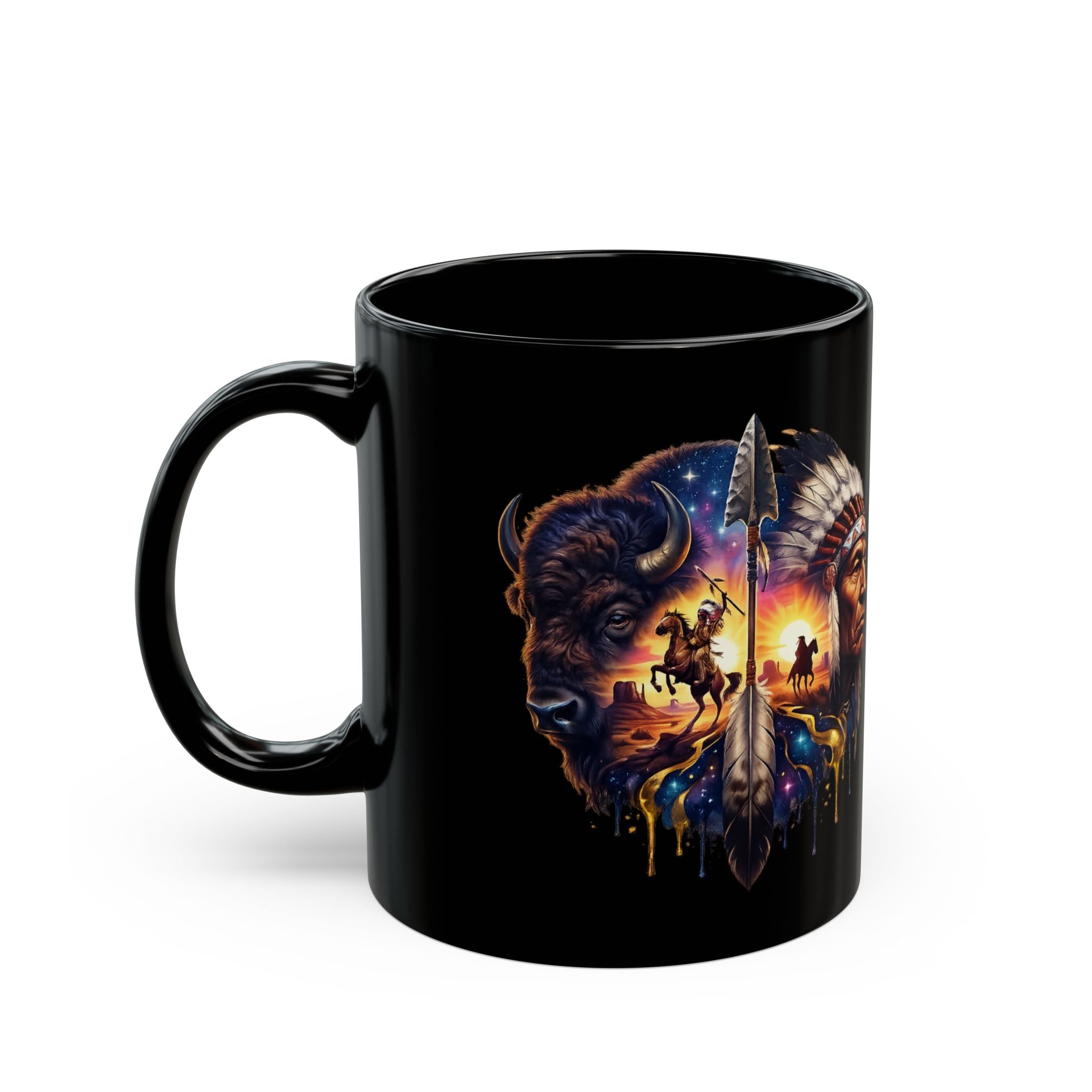Native American Chief Art Black Coffee Mug – Tribal Landscape Graphic (11oz, 15oz)