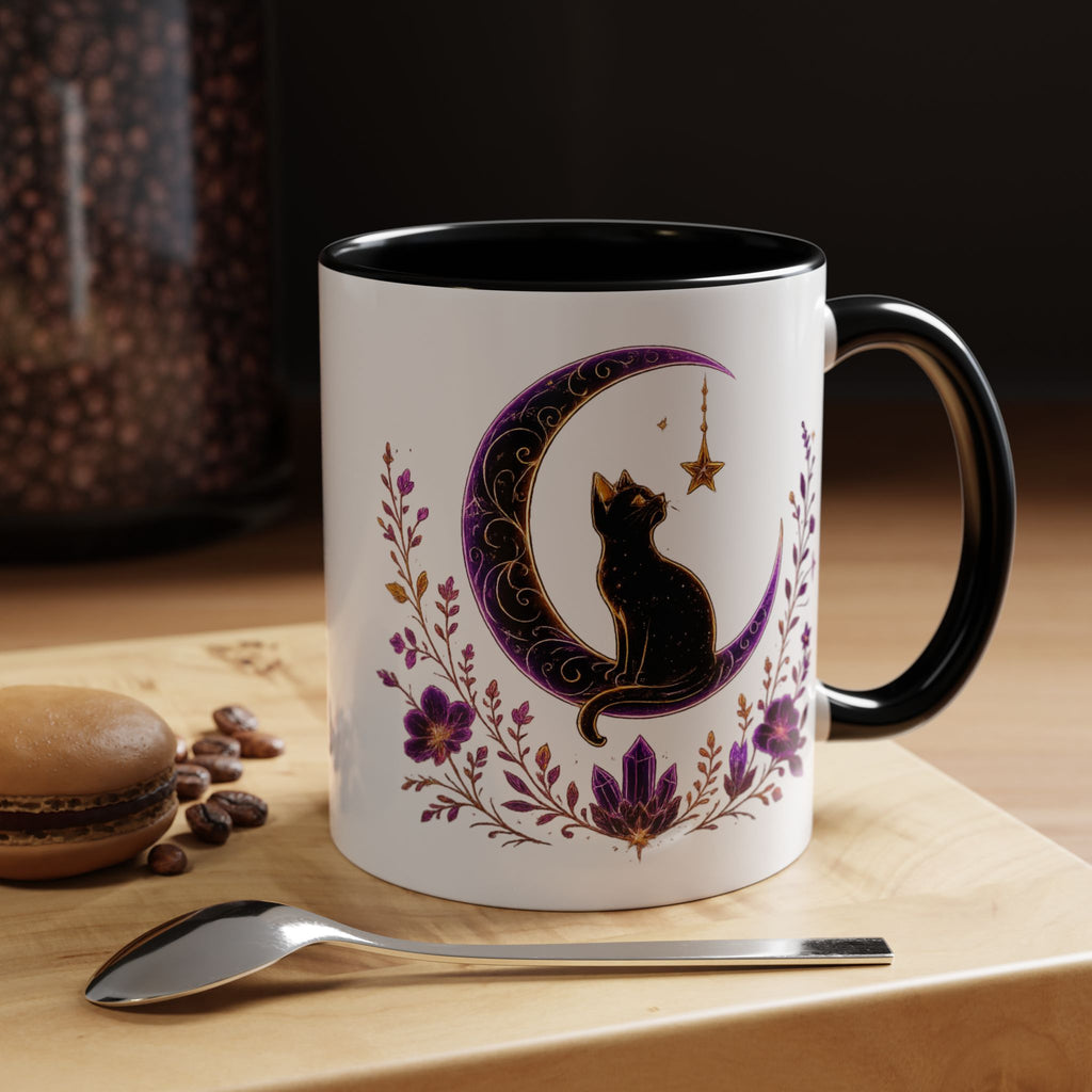 Mystic Black Cat Crescent Moon Accent Mug — Purple Floral Coffee Cup (11/15oz)