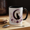 Mystic Black Cat Crescent Moon Accent Mug — Purple Floral Coffee Cup (11/15oz)