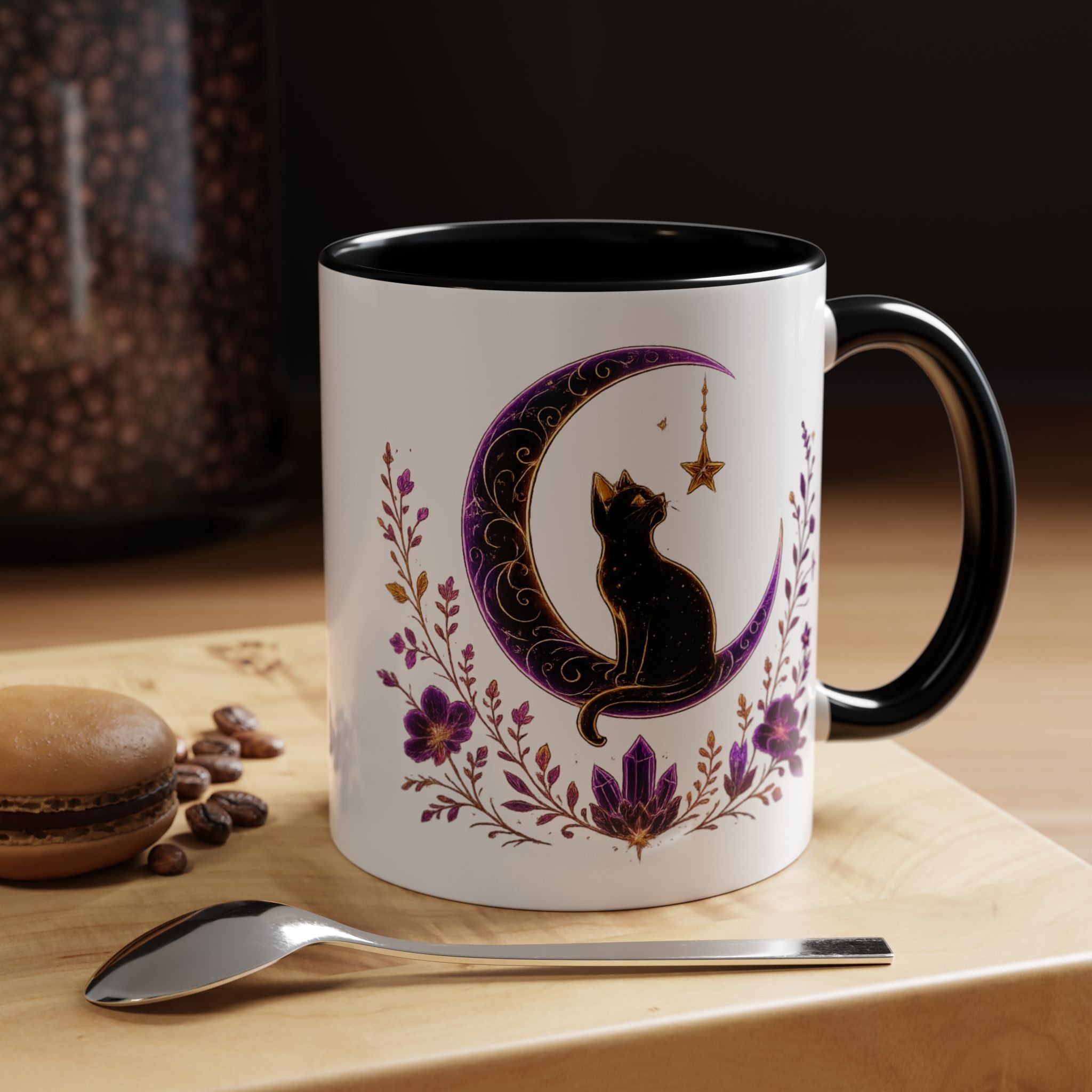 Mystic Black Cat Crescent Moon Accent Mug — Purple Floral Coffee Cup (11/15oz)