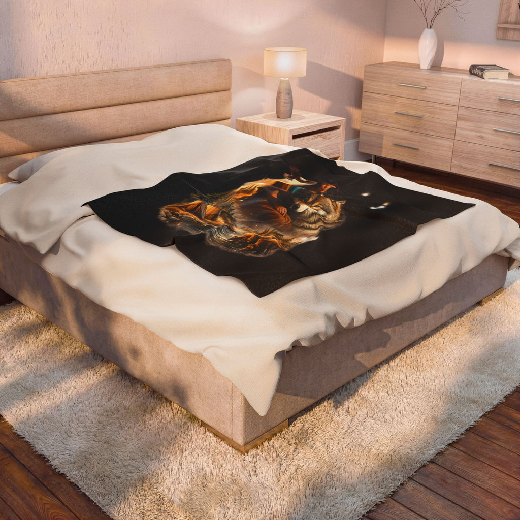 Native Spirit Velveteen Plush Blanket — Woman with Wolf & Campfire Scenic Throw