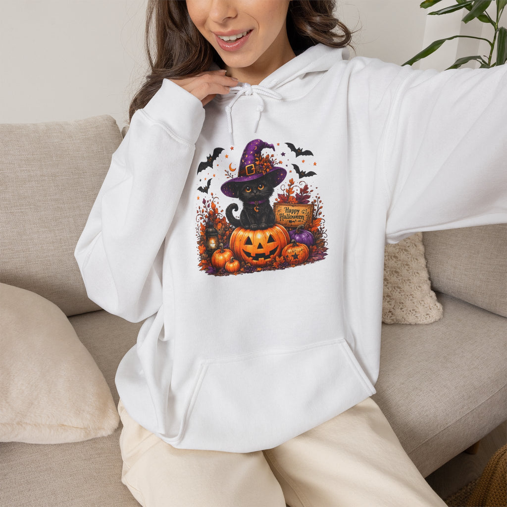 Halloween Cat & Jack-O’-Lantern Hoodie — Witch Hat Black Cat Pumpkin Design