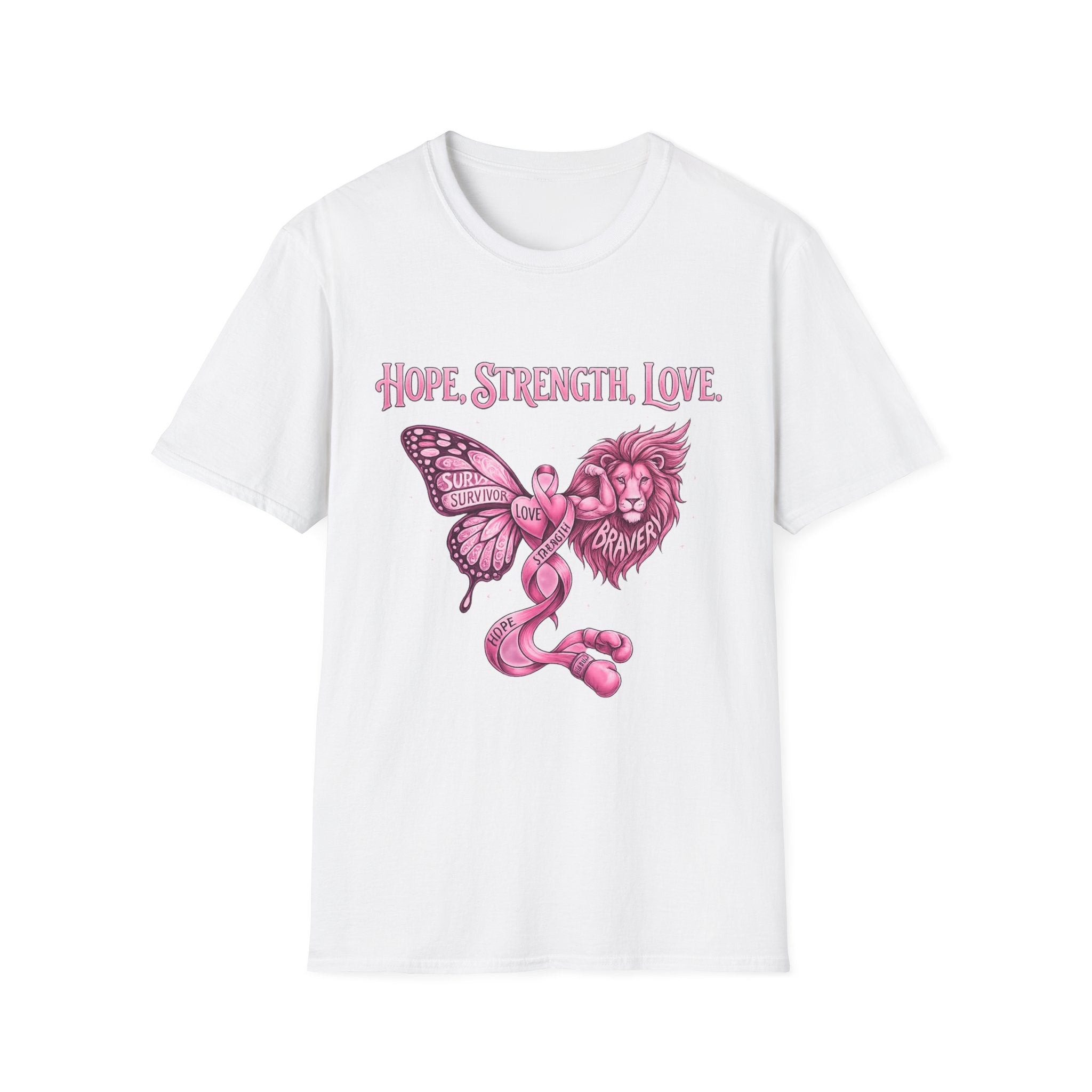 Hope, Strength, Love Breast Cancer Awareness T-Shirt — Pink Ribbon Survivor Lion Butterfly