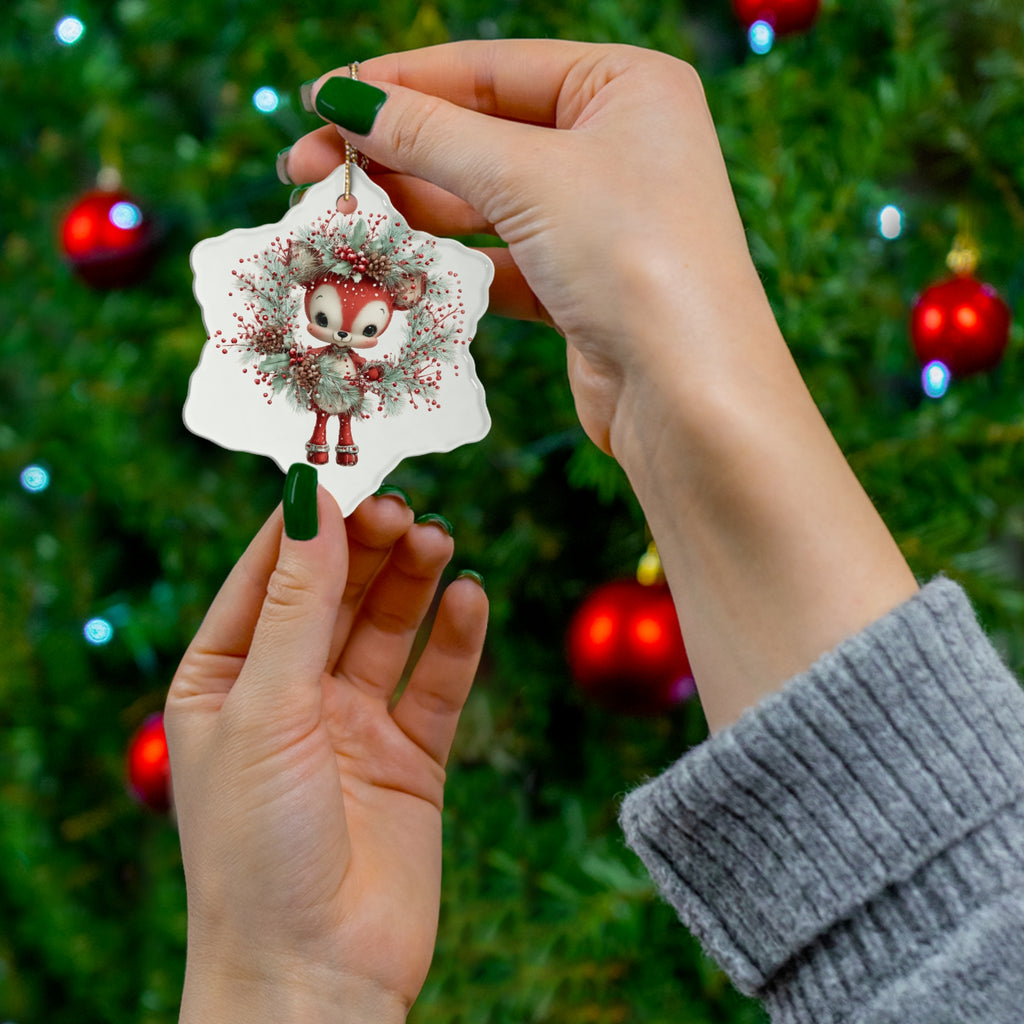Cute Red Fox Wreath Ceramic Ornament — Holiday Christmas Tree Decoration
