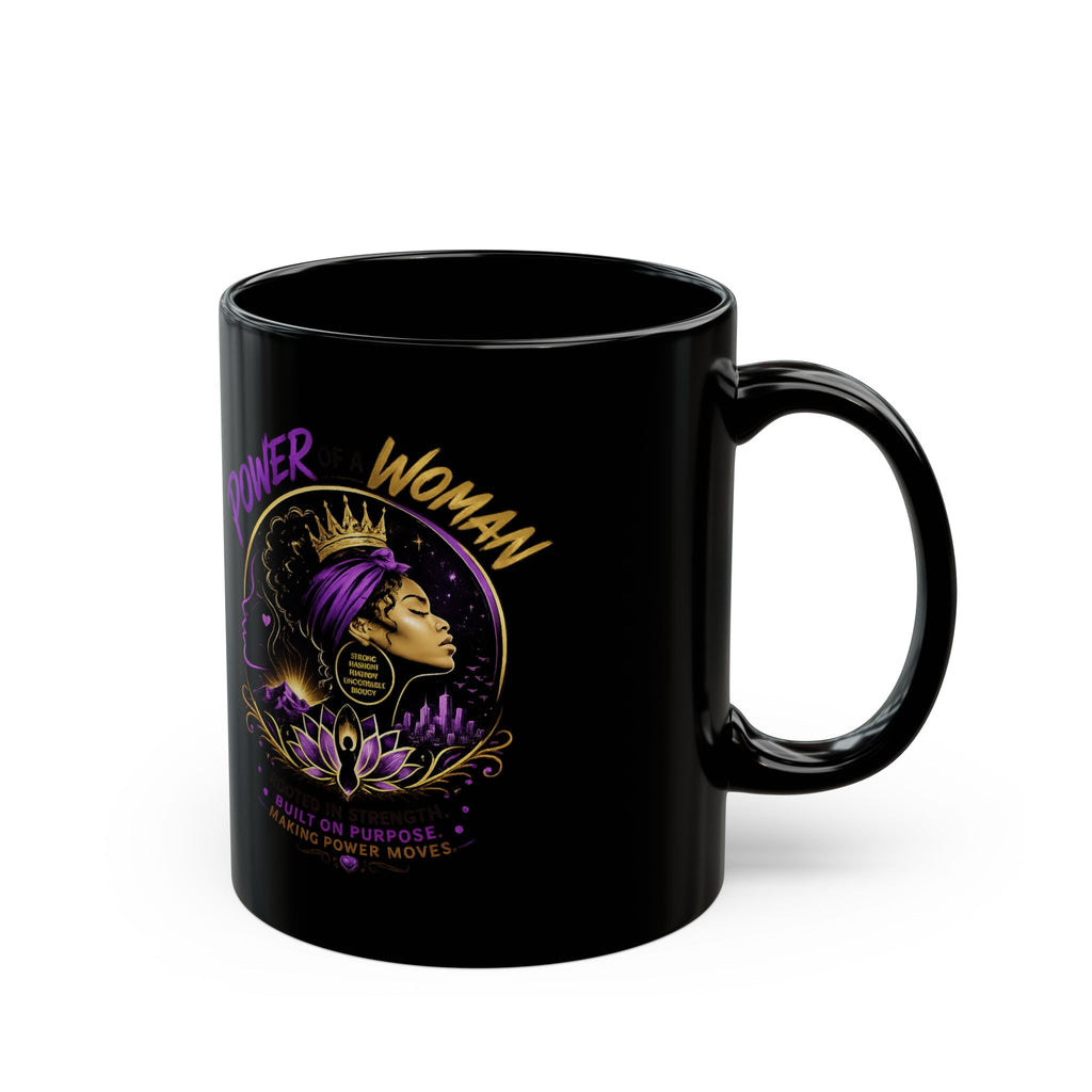 Power of a Woman Black Mug – Empowerment Coffee Cup with Afrocentric Portrait (11oz, 15oz)