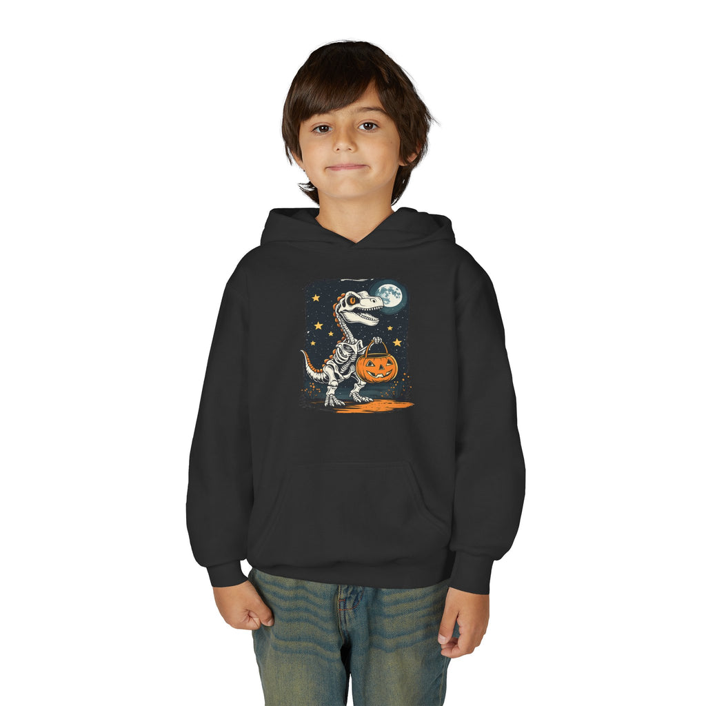Youth Halloween Dino Hoodie — T-Rex with Jack-O'-Lantern & Moon