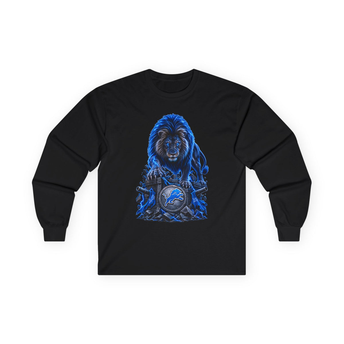 Blue Lion Crest Long Sleeve Tee — Mythic Lion Graphic Shirt