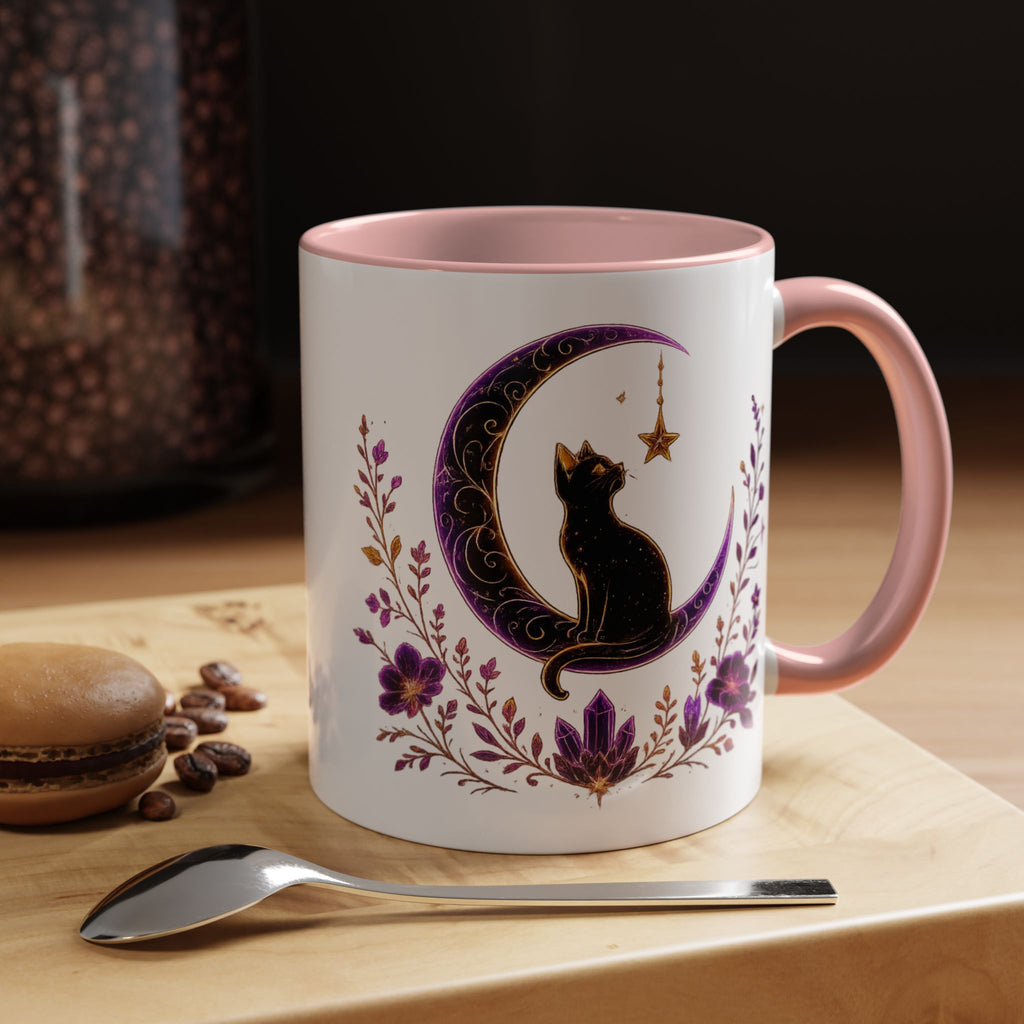 Mystic Black Cat Crescent Moon Accent Mug — Purple Floral Coffee Cup (11/15oz)