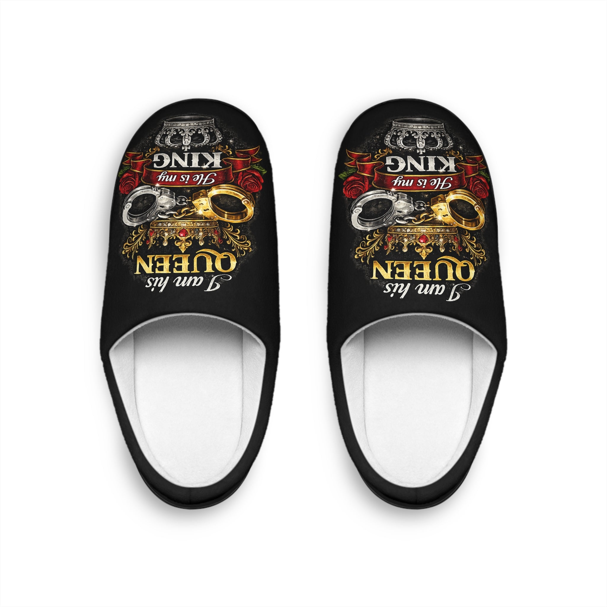 Queen & King Crown Indoor Slippers — 'I am his QUEEN' Matching Women's Slippers