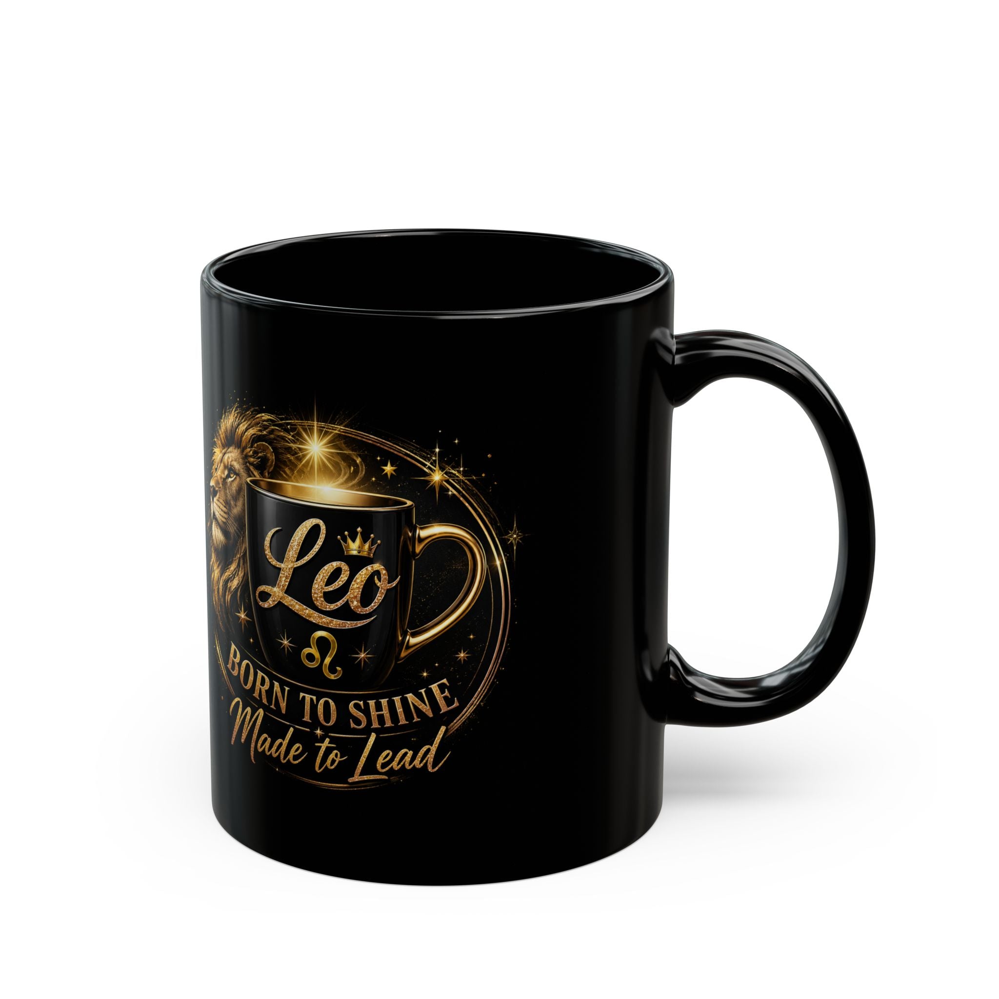 Leo Zodiac Black Mug — "Born to Shine, Made to Lead" (11oz & 15oz)