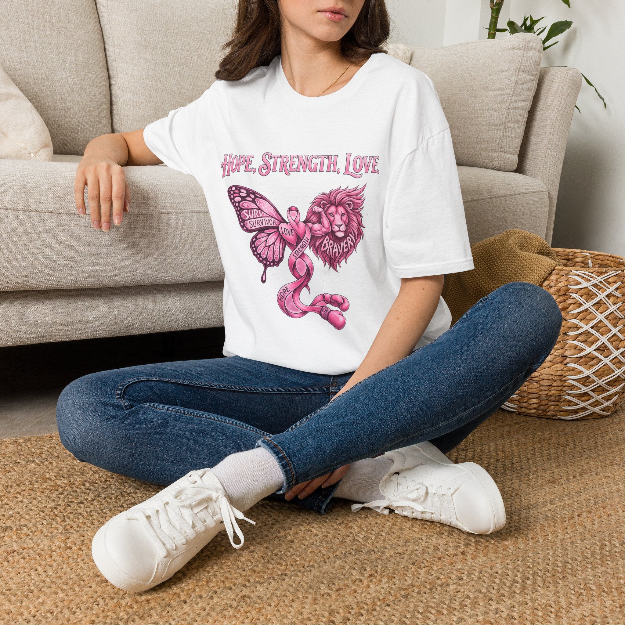 Hope, Strength, Love Breast Cancer Awareness T-Shirt — Pink Ribbon Survivor Lion Butterfly
