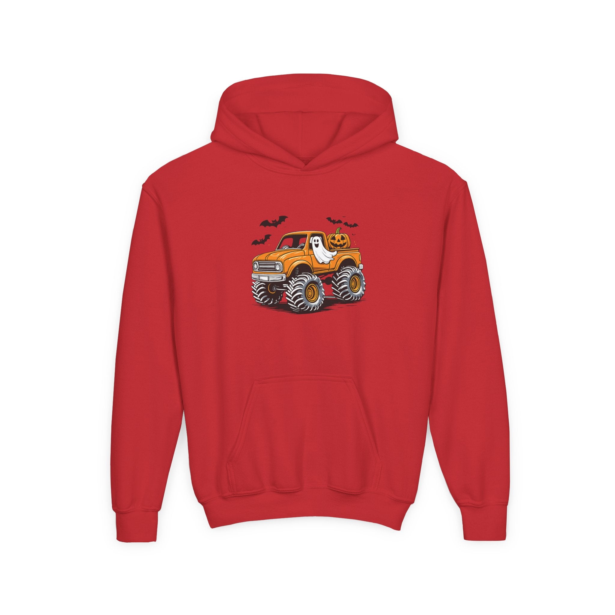 Youth Hoodie – Halloween Monster Truck Kids Pullover (Orange Truck with Bats)