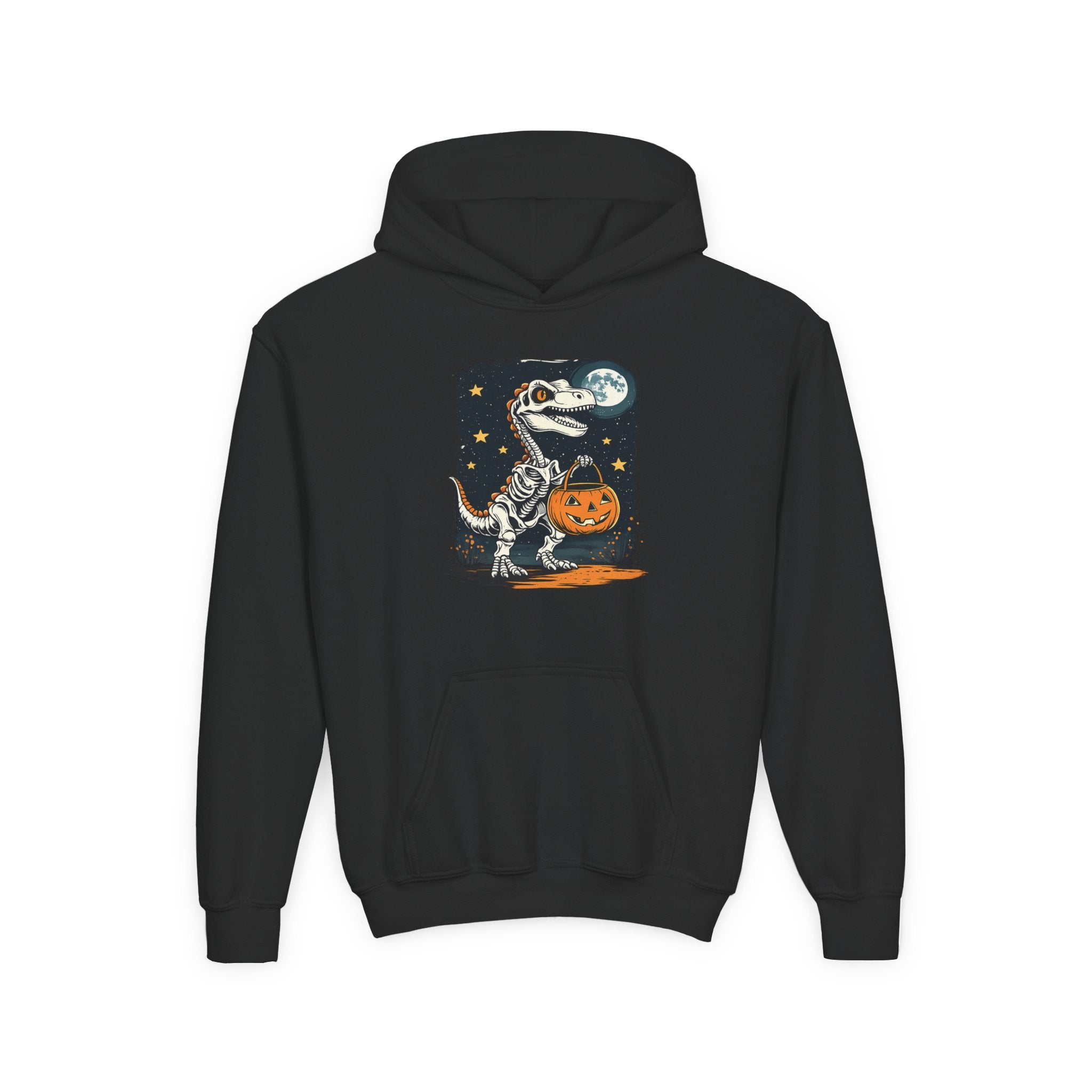 Youth Halloween Dino Hoodie — T-Rex with Jack-O'-Lantern & Moon