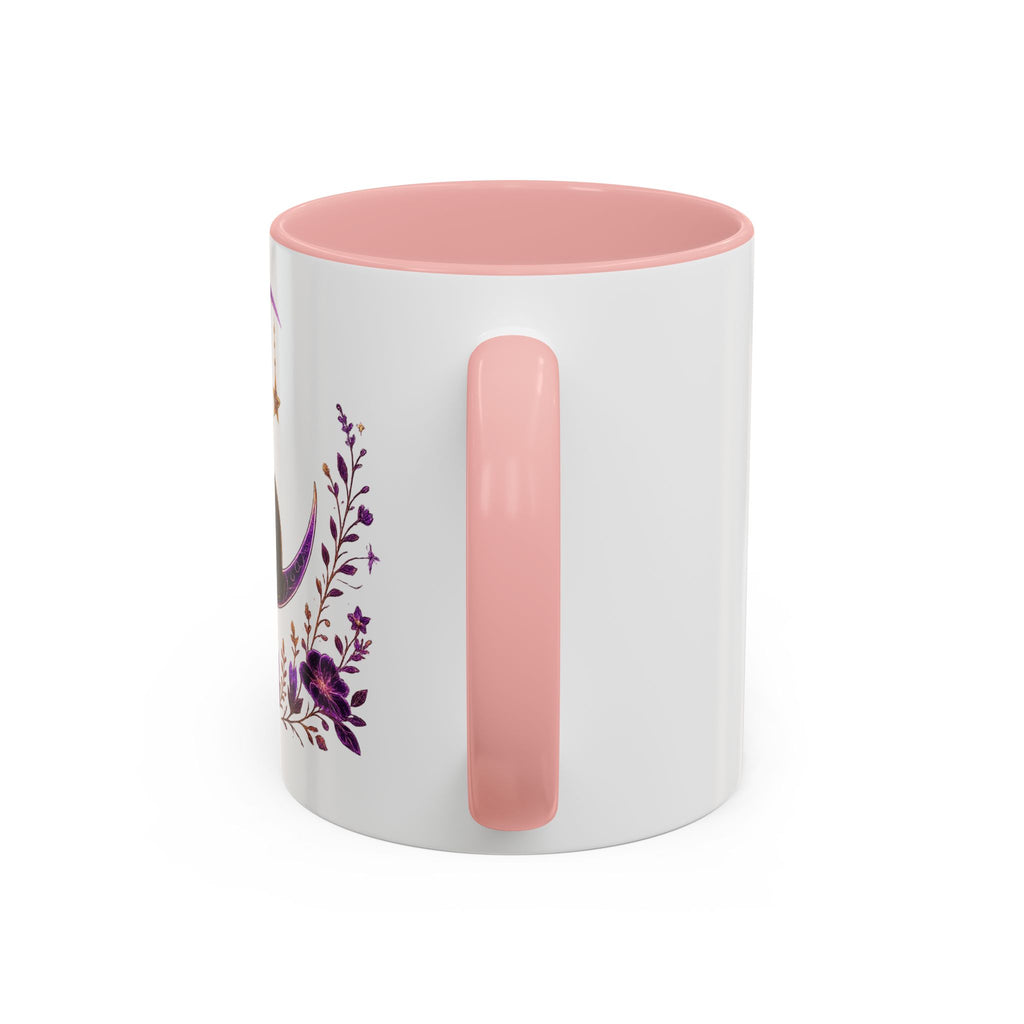 Mystic Black Cat Crescent Moon Accent Mug — Purple Floral Coffee Cup (11/15oz)