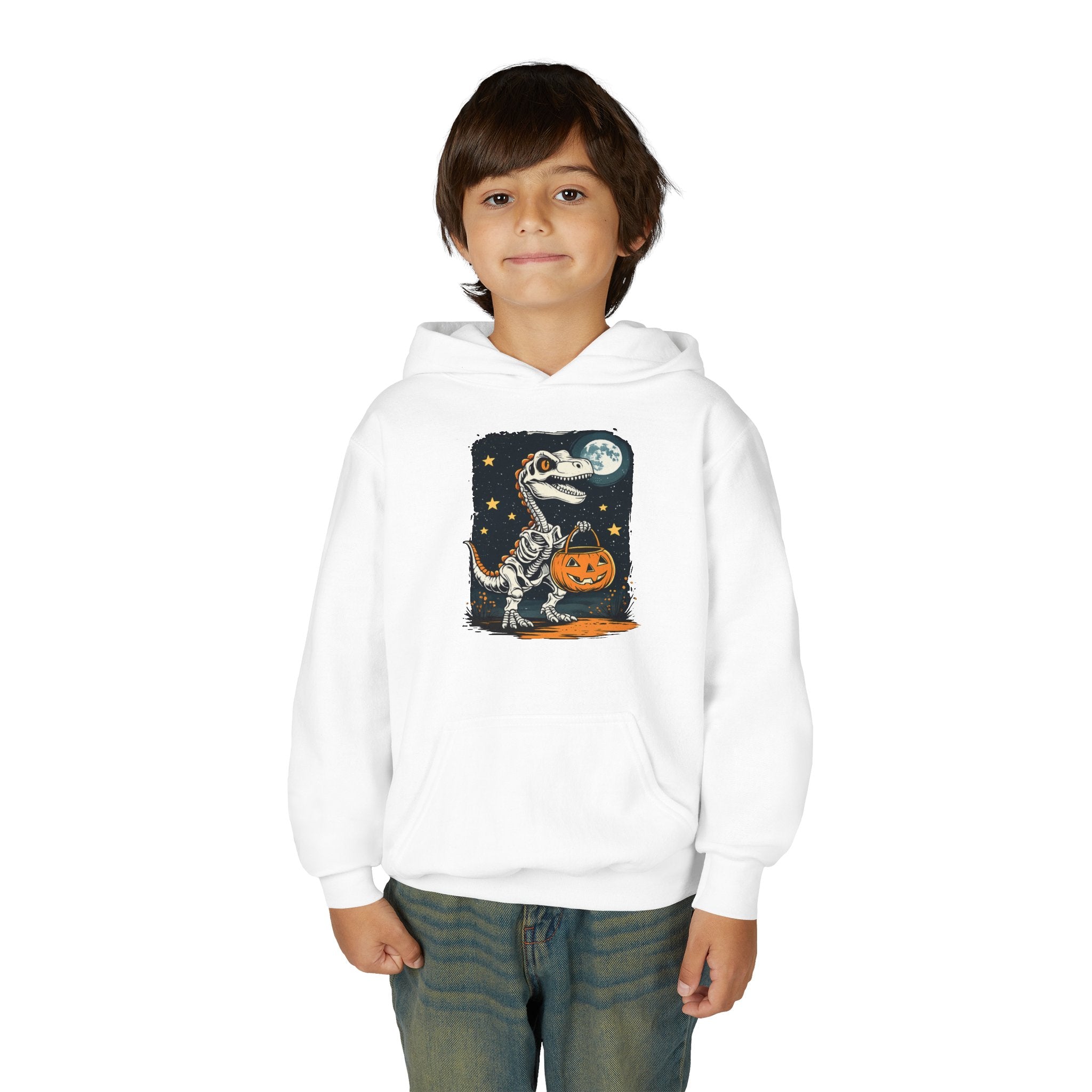 Youth Halloween Dino Hoodie — T-Rex with Jack-O'-Lantern & Moon