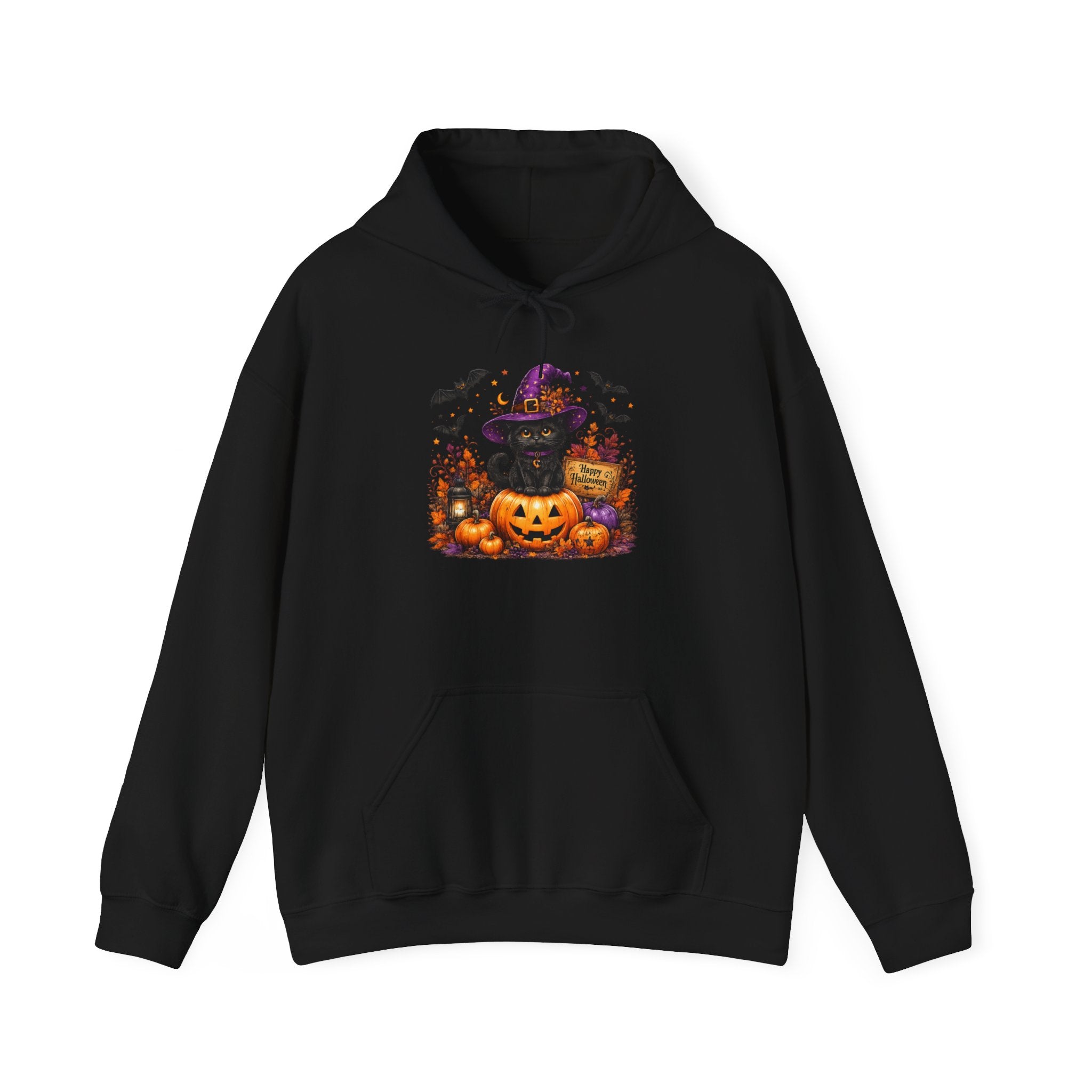 Halloween Cat & Jack-O’-Lantern Hoodie — Witch Hat Black Cat Pumpkin Design