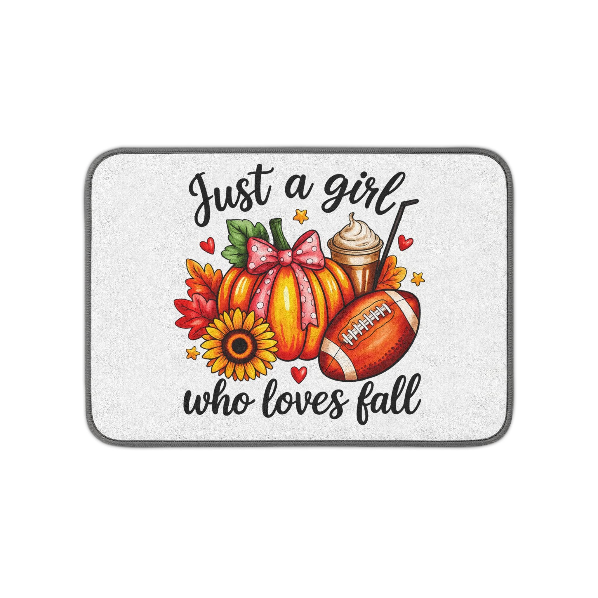Fall Kitchen Dish Mat — "Just a Girl Who Loves Fall" Pumpkin, Sunflower & Football Design
