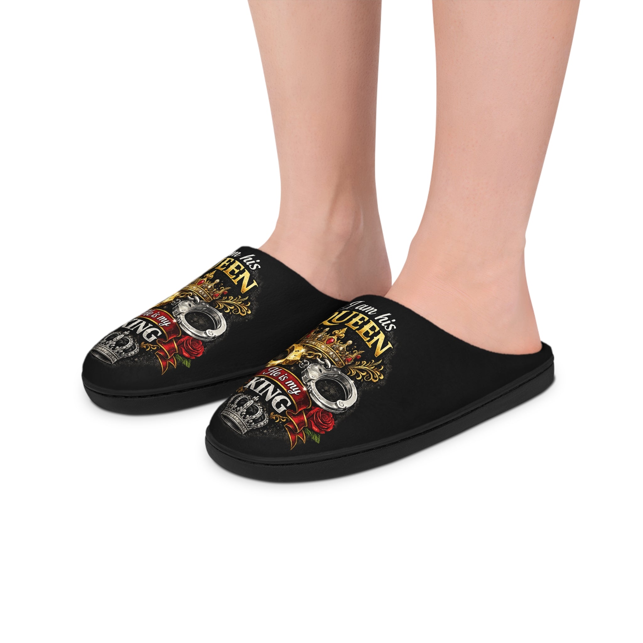 Queen & King Crown Indoor Slippers — 'I am his QUEEN' Matching Women's Slippers