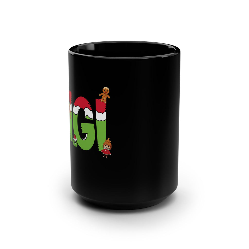 Christmas Hug 15oz Black Mug — Festive Holiday Coffee Cup with Gingerbread & Santa Hat Lettering