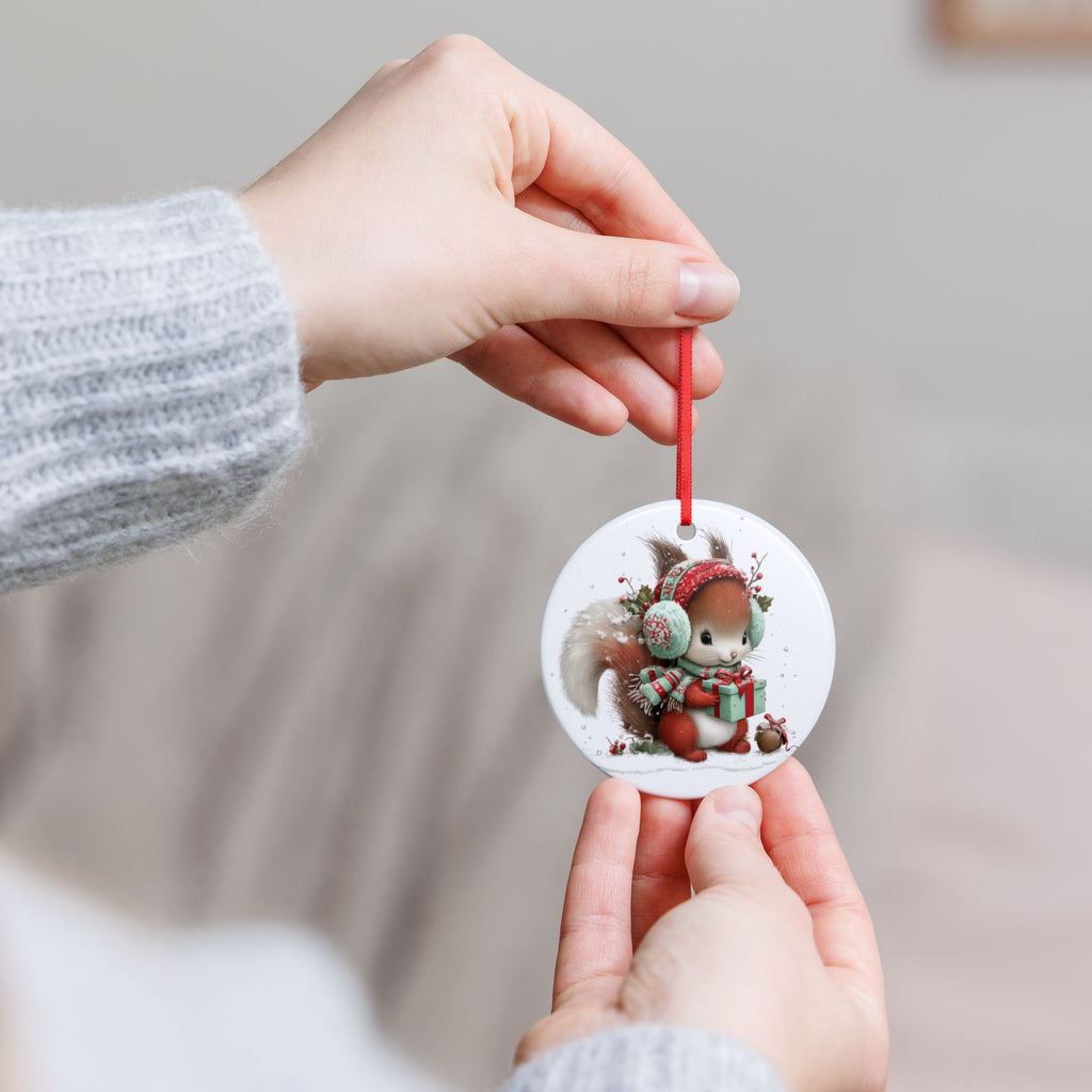 Cute Squirrel Christmas Ornament — Ceramic Holiday Tree Decoration with Gift