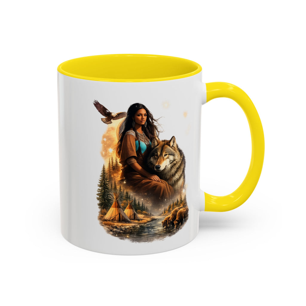 Native Spirit Accent Coffee Mug — Woman, Wolf & Teepee Scenic Artwork (11/15oz)