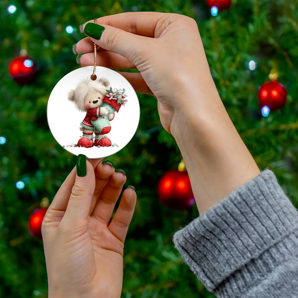 Cute Teddy Bear Christmas Ceramic Ornament — Holiday Tree Decoration