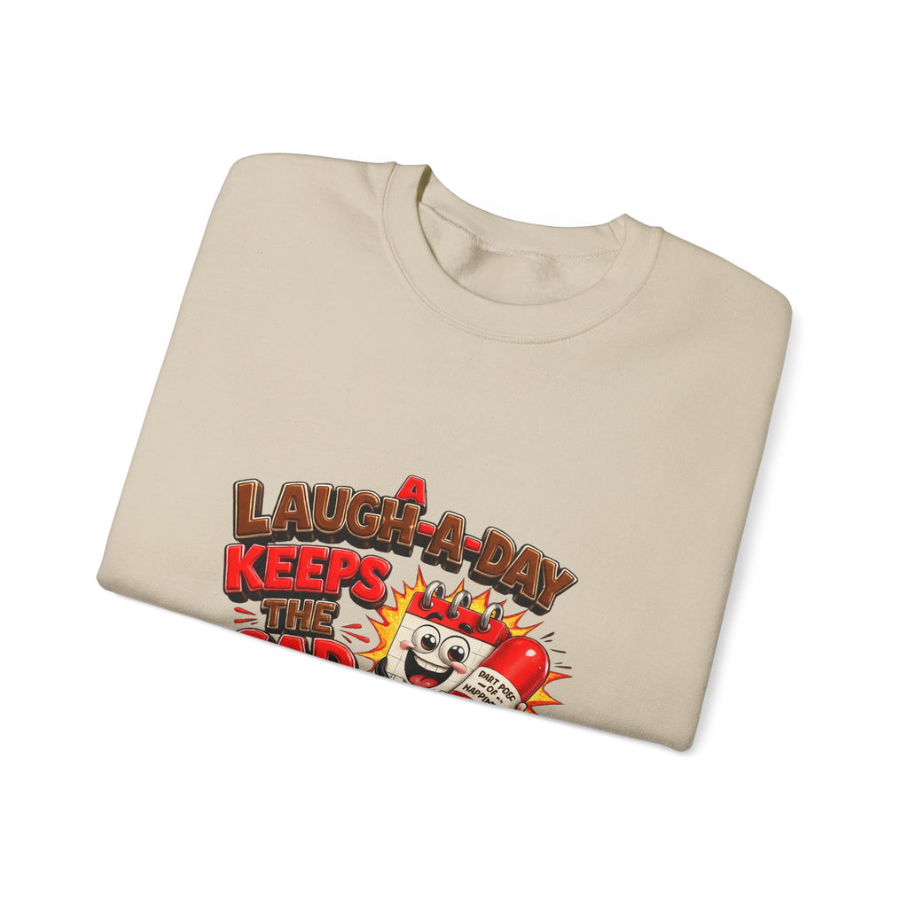 Crewneck Sweatshirt — "A Laugh a Day Keeps the Sad Away" Retro Cartoon Graphic