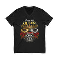 Queen & King Couples V-Neck Tee — "I Am His Queen, He Is My King" Floral Crown Design