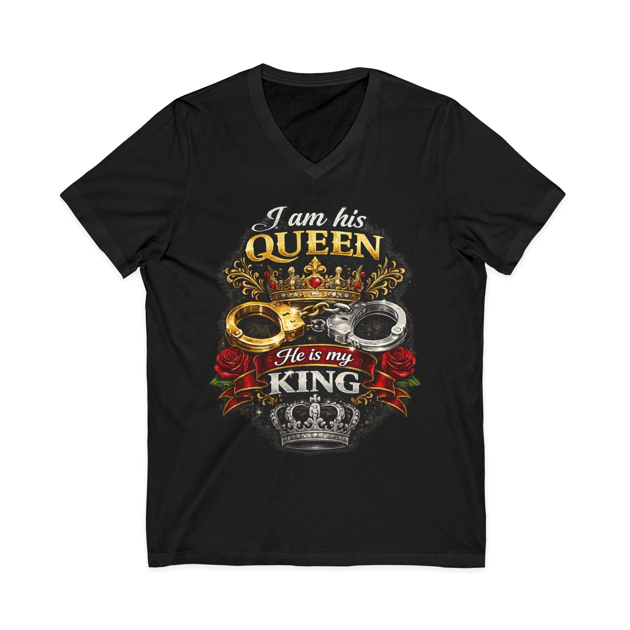 Queen & King Couples V-Neck Tee — "I Am His Queen, He Is My King" Floral Crown Design