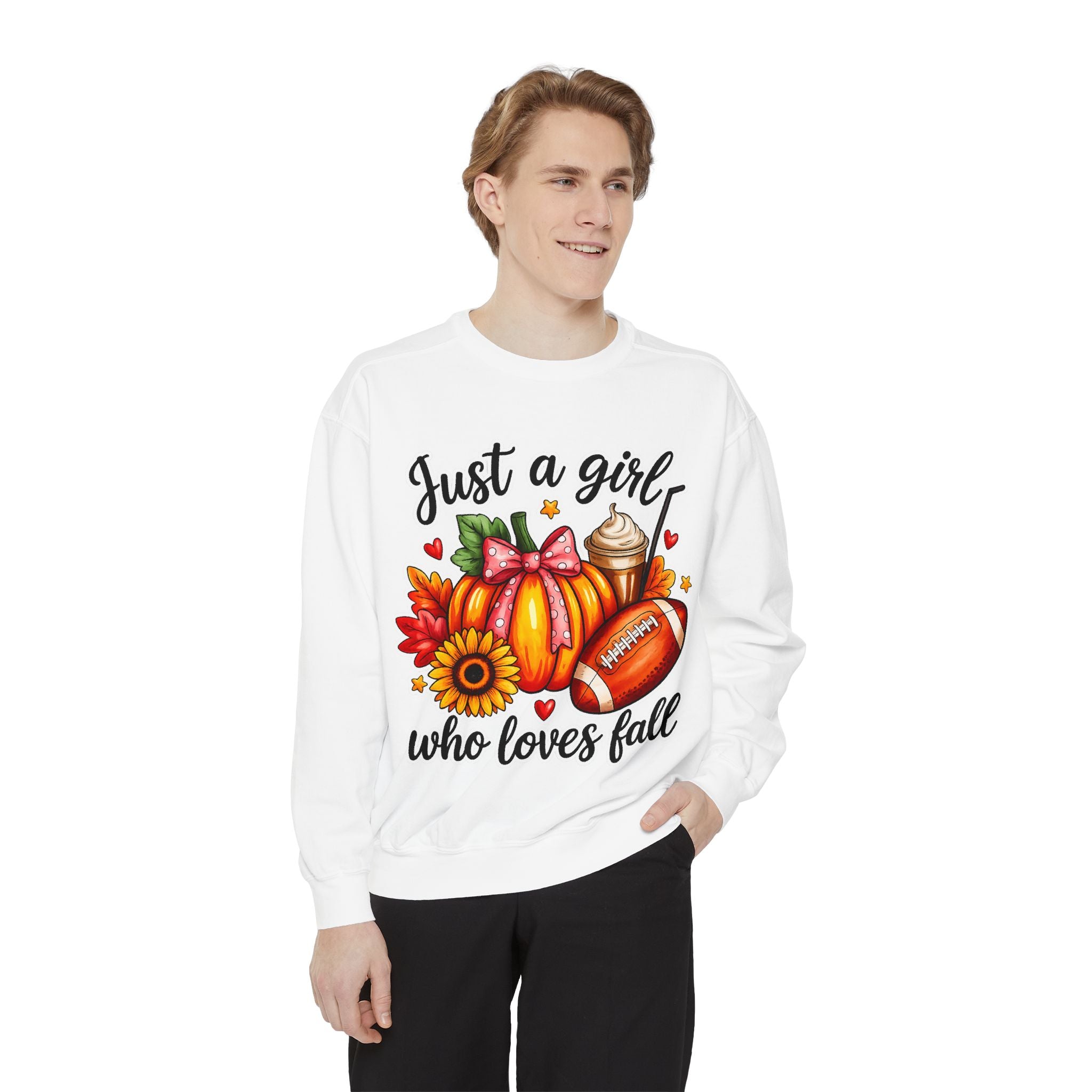Fall Graphic Sweatshirt — "Just a girl who loves fall" Cozy Autumn Pullover