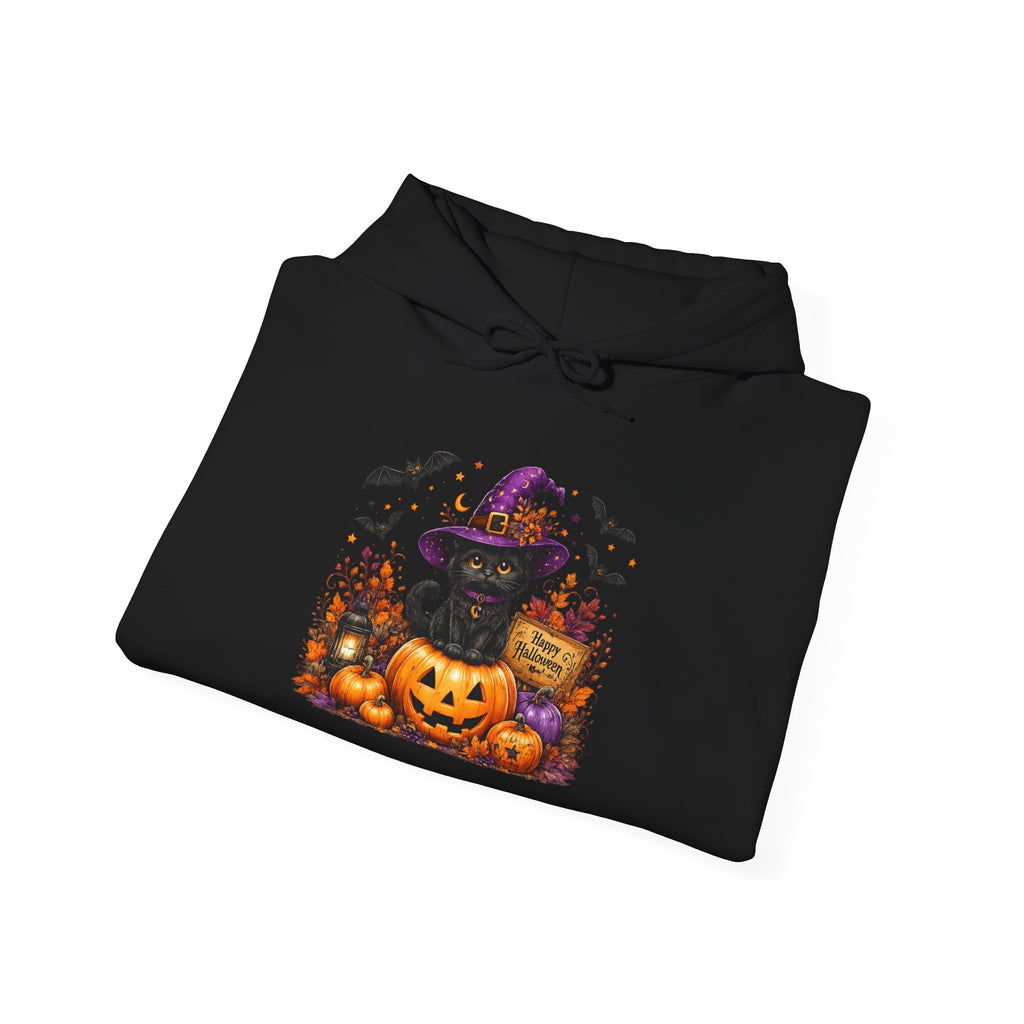 Halloween Cat & Jack-O’-Lantern Hoodie — Witch Hat Black Cat Pumpkin Design