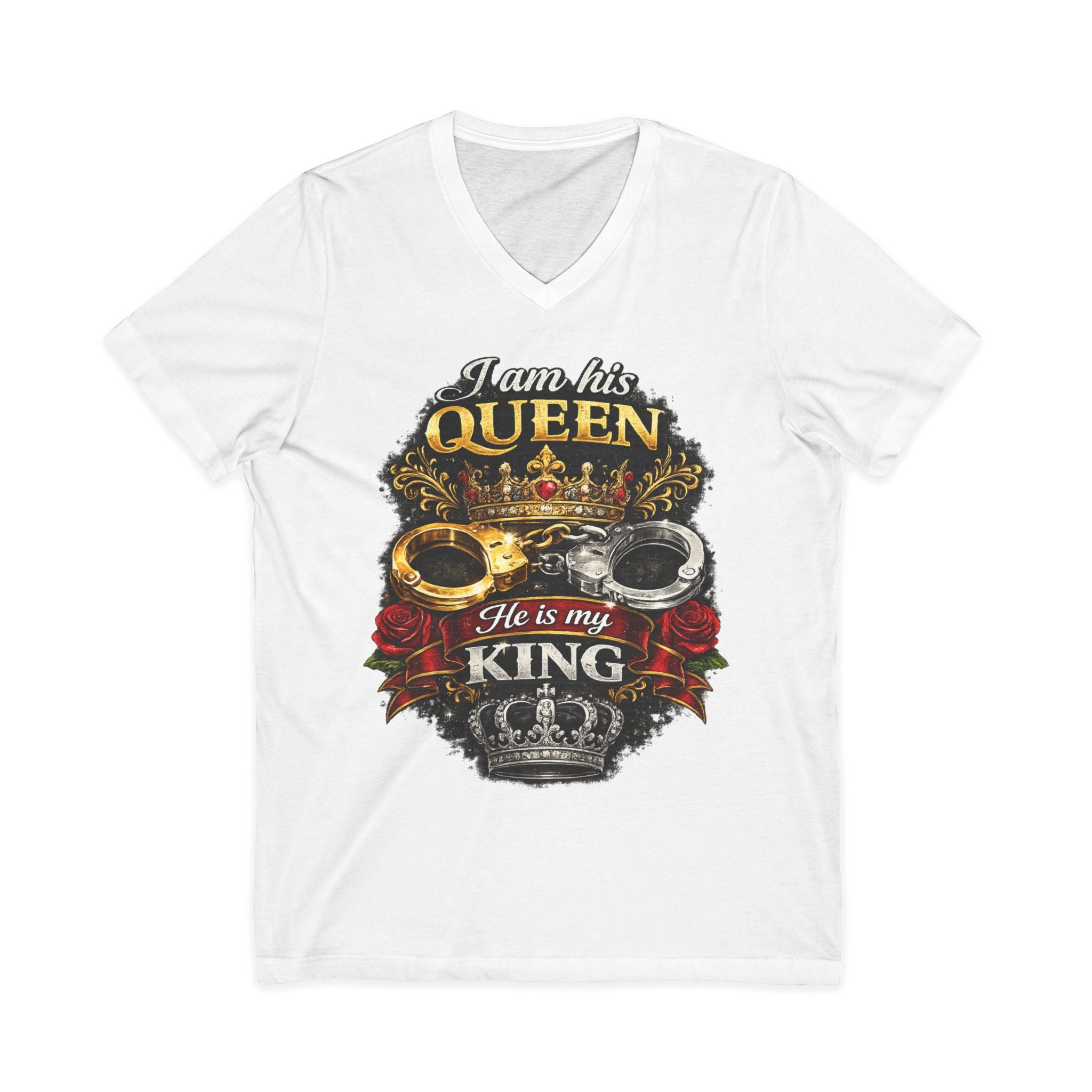 Queen & King Couples V-Neck Tee — "I Am His Queen, He Is My King" Floral Crown Design
