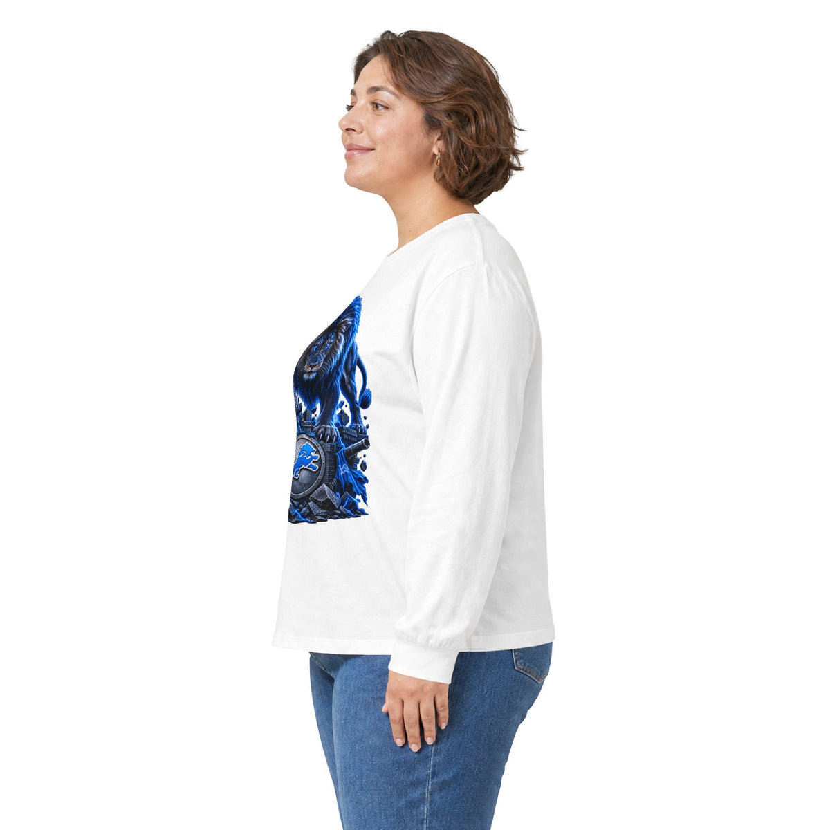 Blue Lion Crest Long Sleeve Tee — Mythic Lion Graphic Shirt