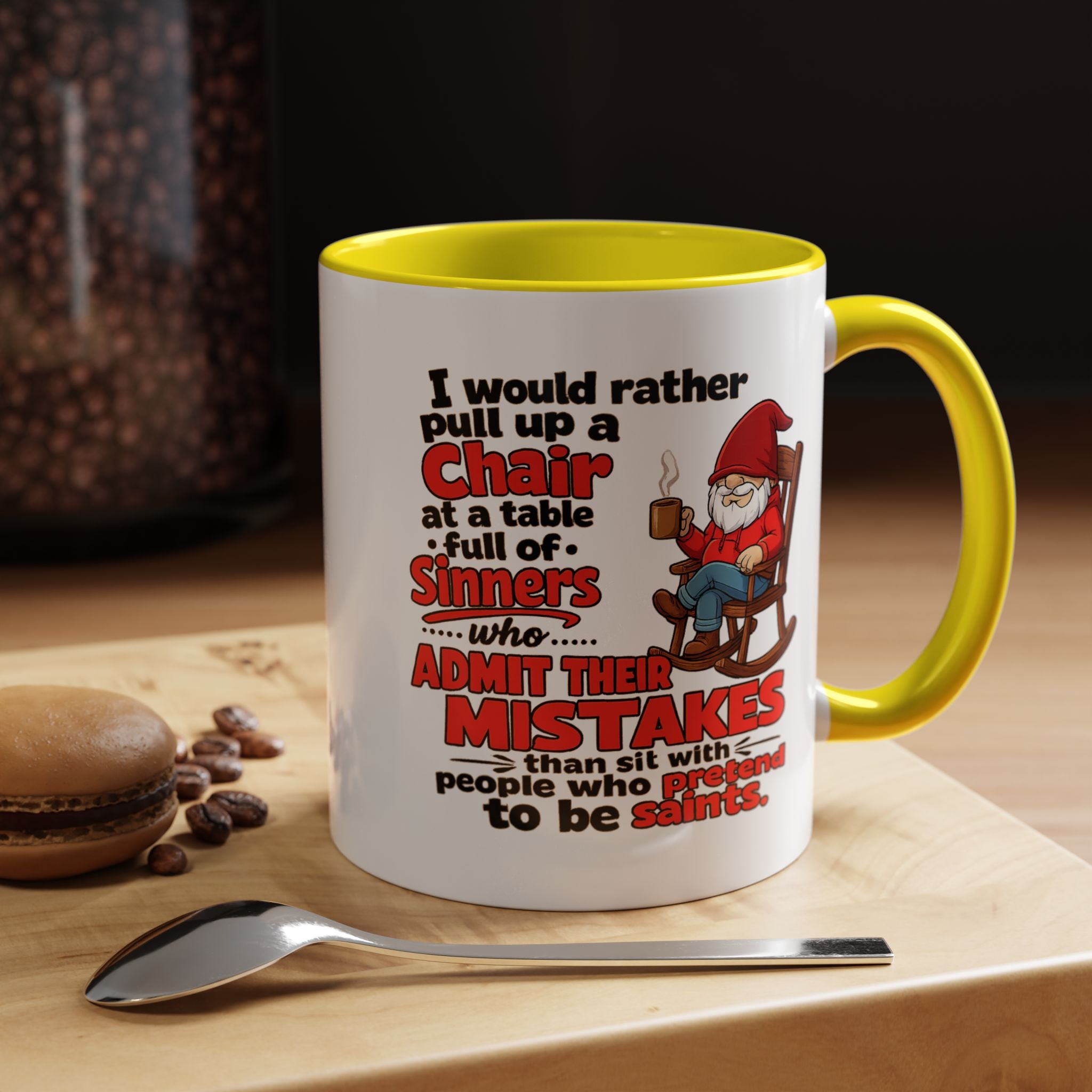 Accent Coffee Mug – 'Rather Pull Up a Chair' Religious Gnome Inspirational Coffee Mug