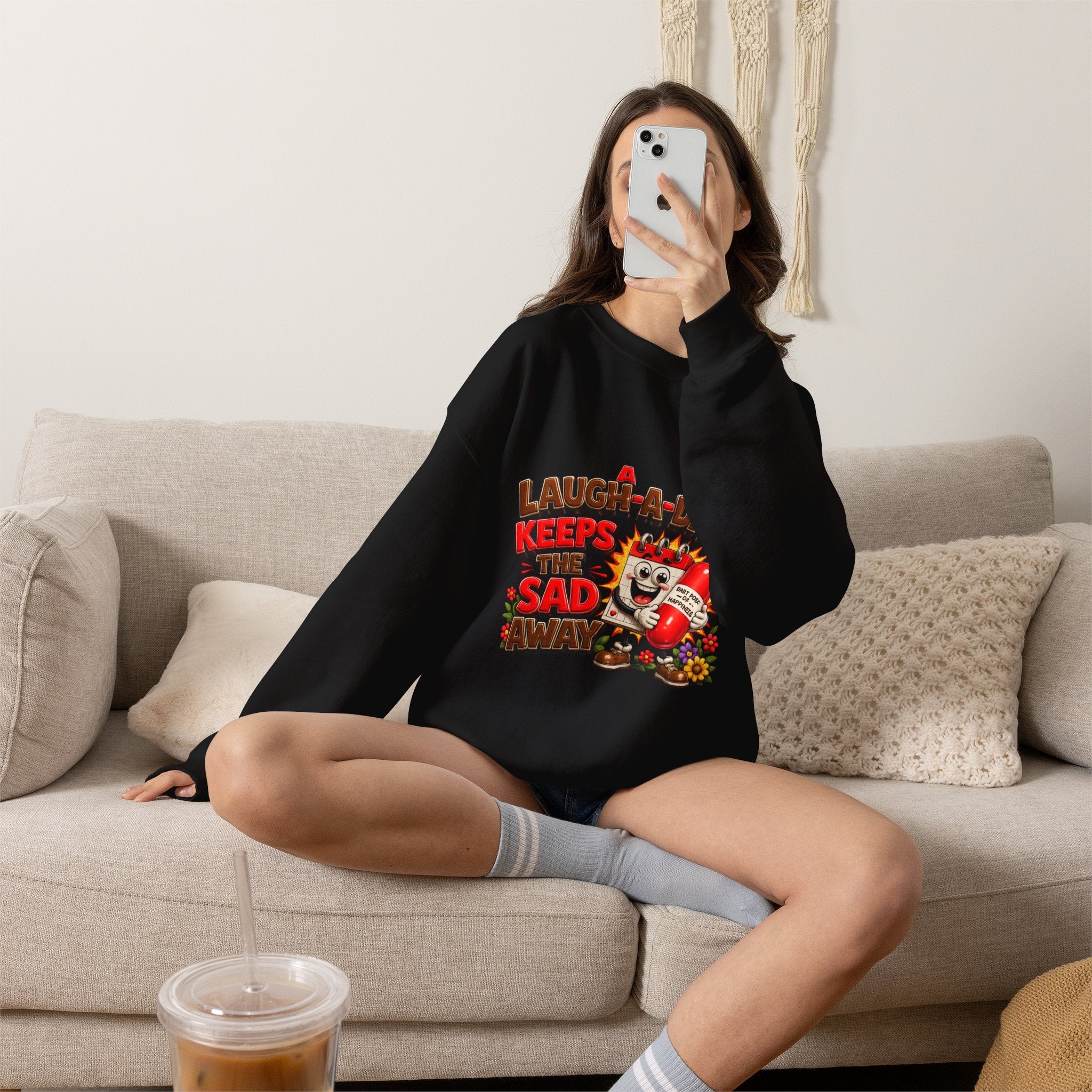 Crewneck Sweatshirt — "A Laugh a Day Keeps the Sad Away" Retro Cartoon Graphic