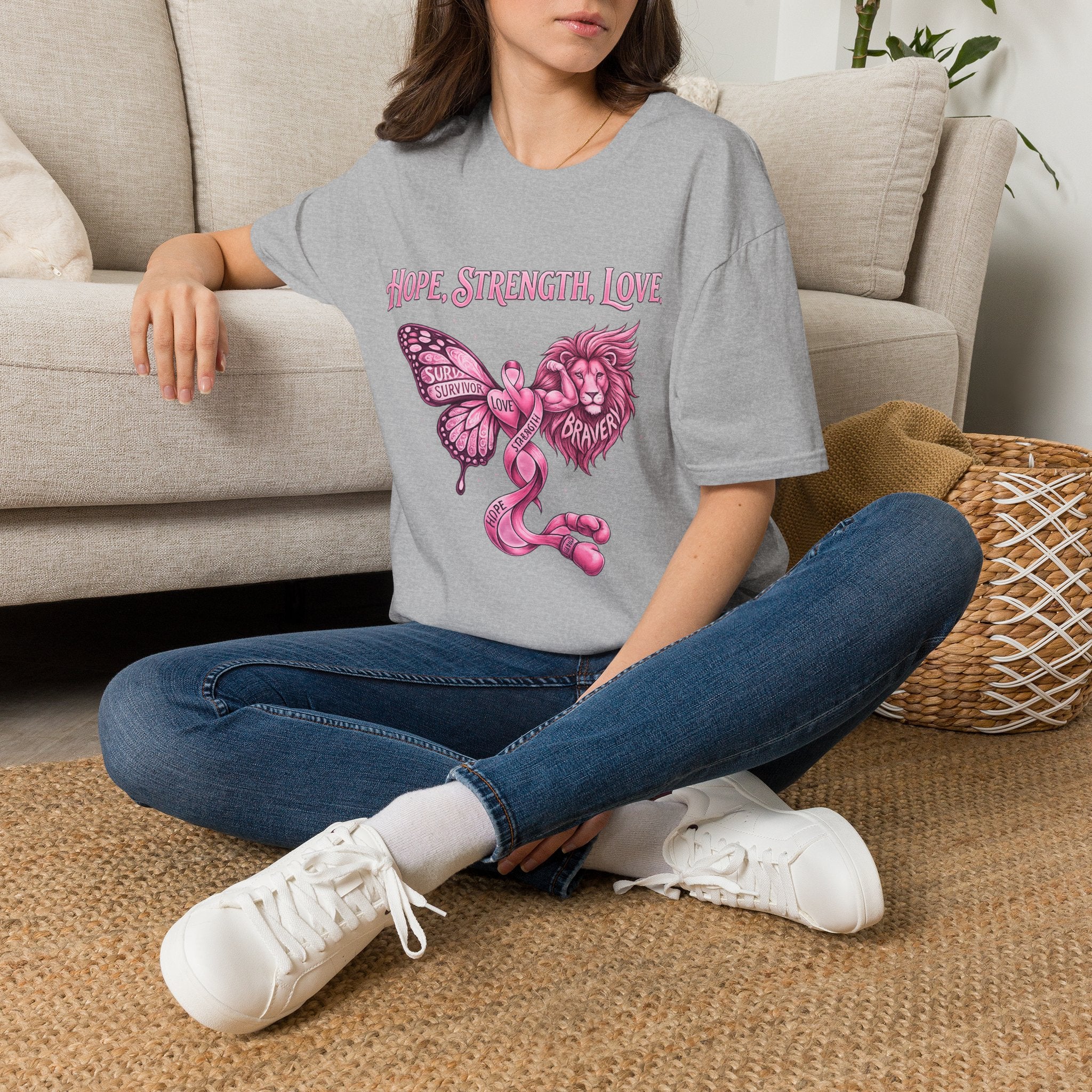 Hope, Strength, Love Breast Cancer Awareness T-Shirt — Pink Ribbon Survivor Lion Butterfly