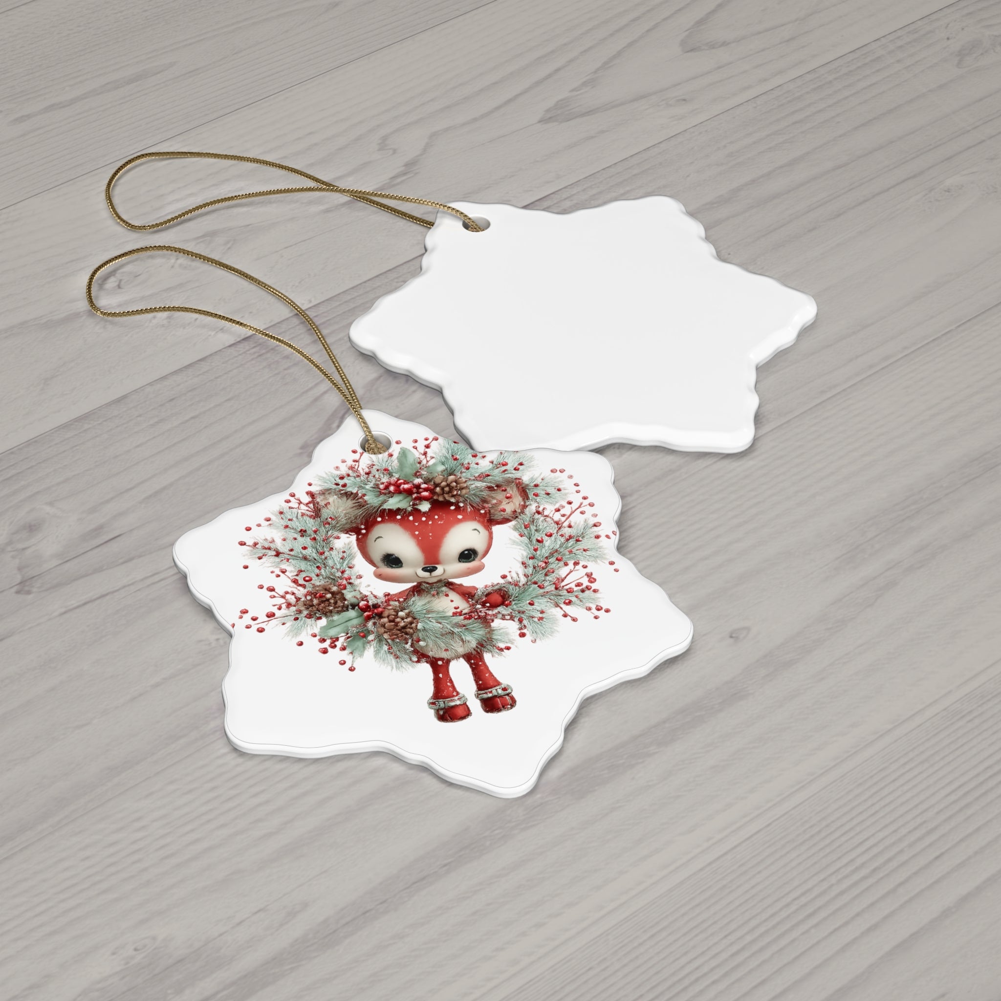 Cute Red Fox Wreath Ceramic Ornament — Holiday Christmas Tree Decoration