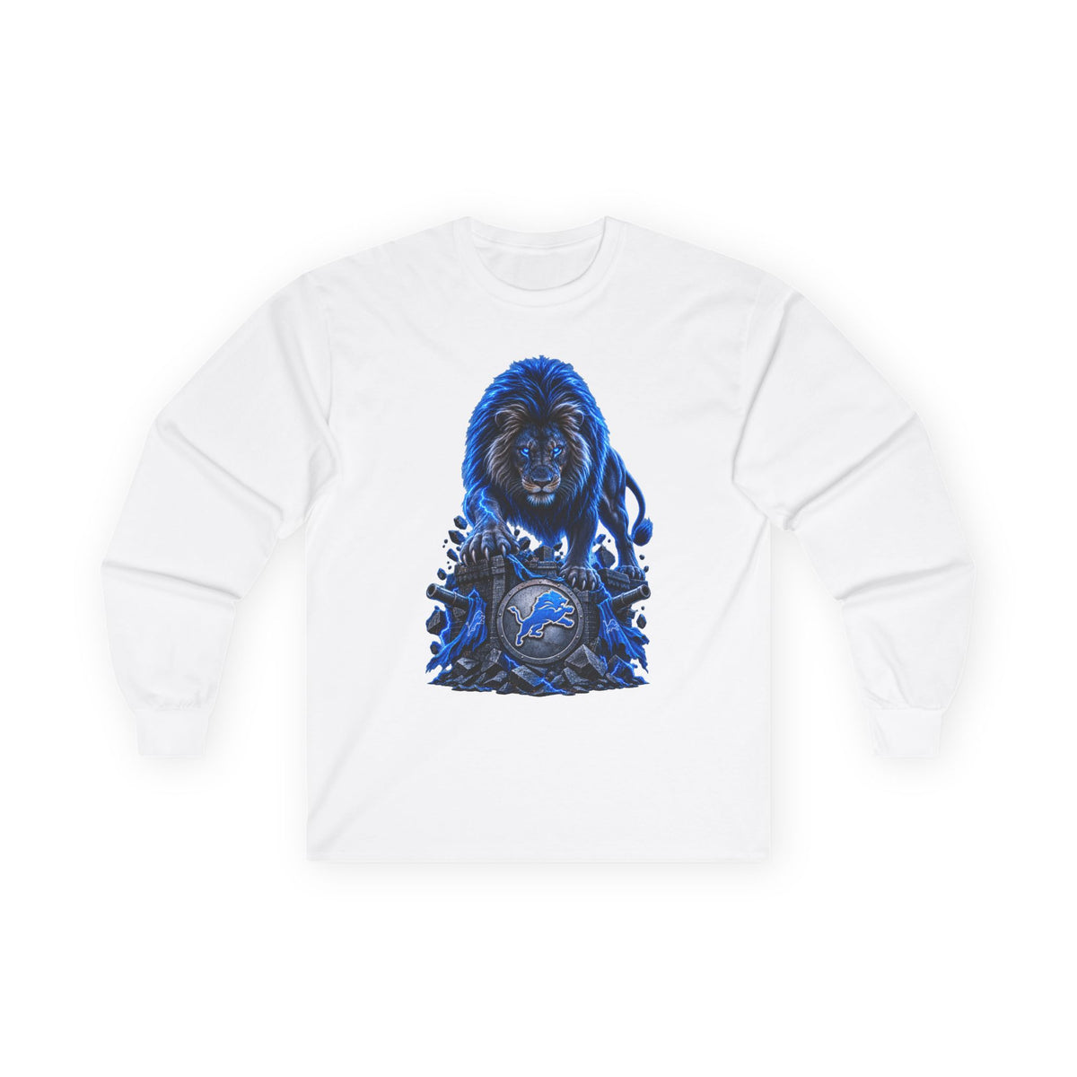 Blue Lion Crest Long Sleeve Tee — Mythic Lion Graphic Shirt