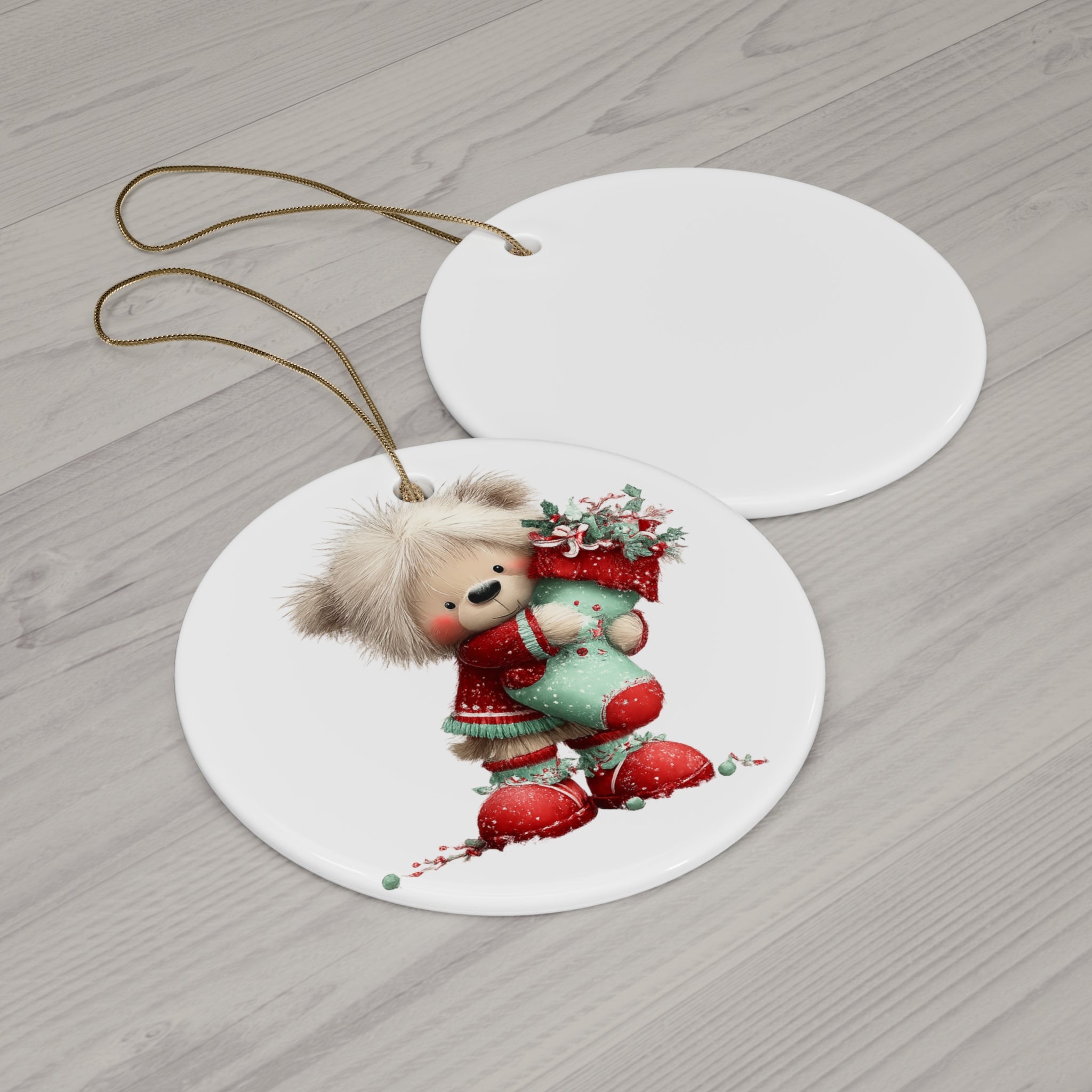 Cute Teddy Bear Christmas Ceramic Ornament — Holiday Tree Decoration